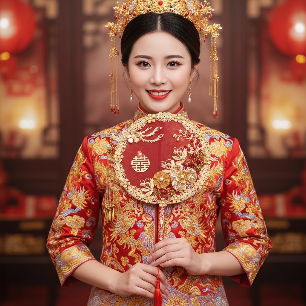 Leadigol Chinese Style Fabric Folding Fan With Tassel Handle, Wedding Bride Embroidery Flowers Decorative Silk Fan