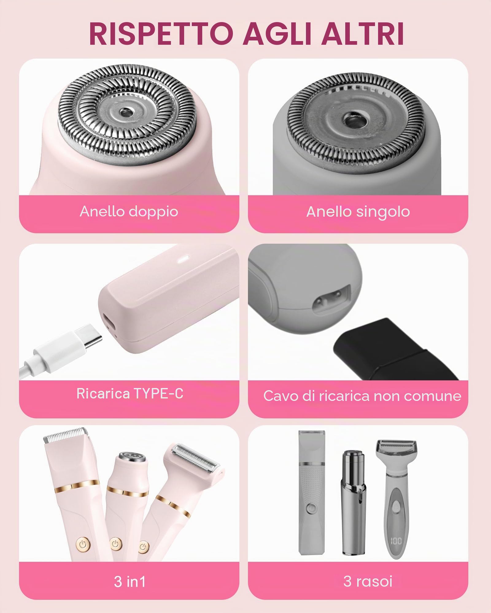 Rasoio da donna, 3 in 1, per donne, rasoio elettrico per gambe, braccia, ascelle e zona bikini, ricaricabile Ipx7, impermeabile, colore: rosa