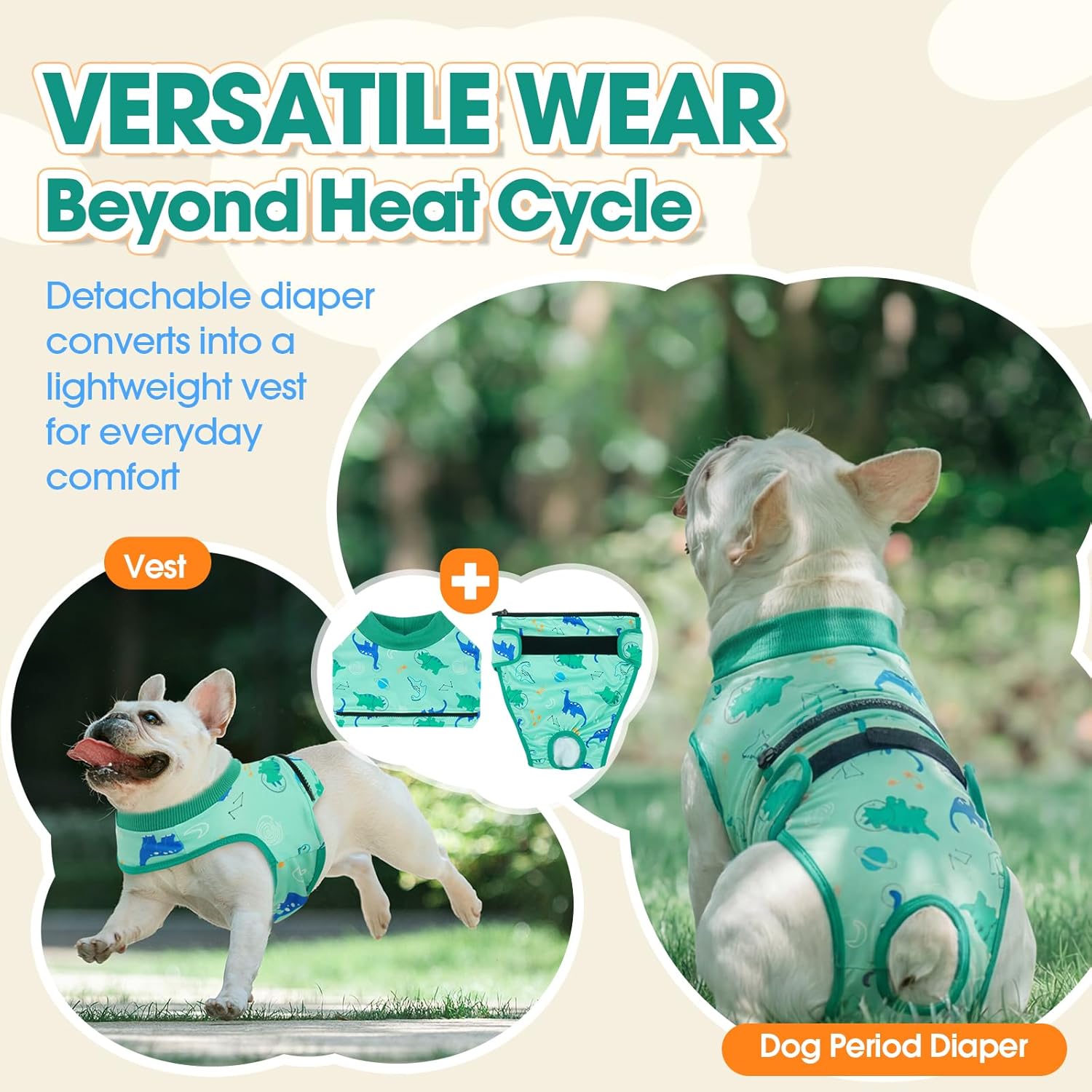 QBLEEV Dog Diapers with Suspenders, Escape Proof Full Body Dog Onesie for Male Female Dogs, Reusable Washable Period Pants for Heat Cycle & Incontinence, Adjustable Pet Panties with Tail Hole Stay On