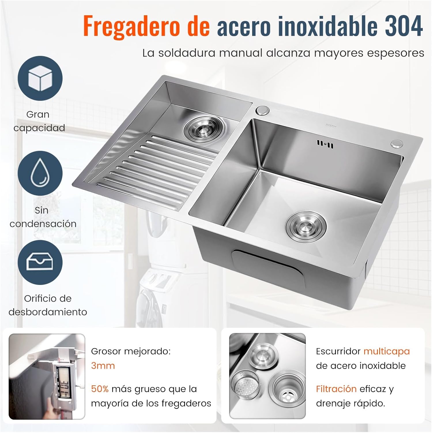 Large Washbasin with Washboard for Garages and Basements, 304 Stainless Steel Sink, Robust Sink Double Bowl, Drain Sets-Silver-b-70cm-Right