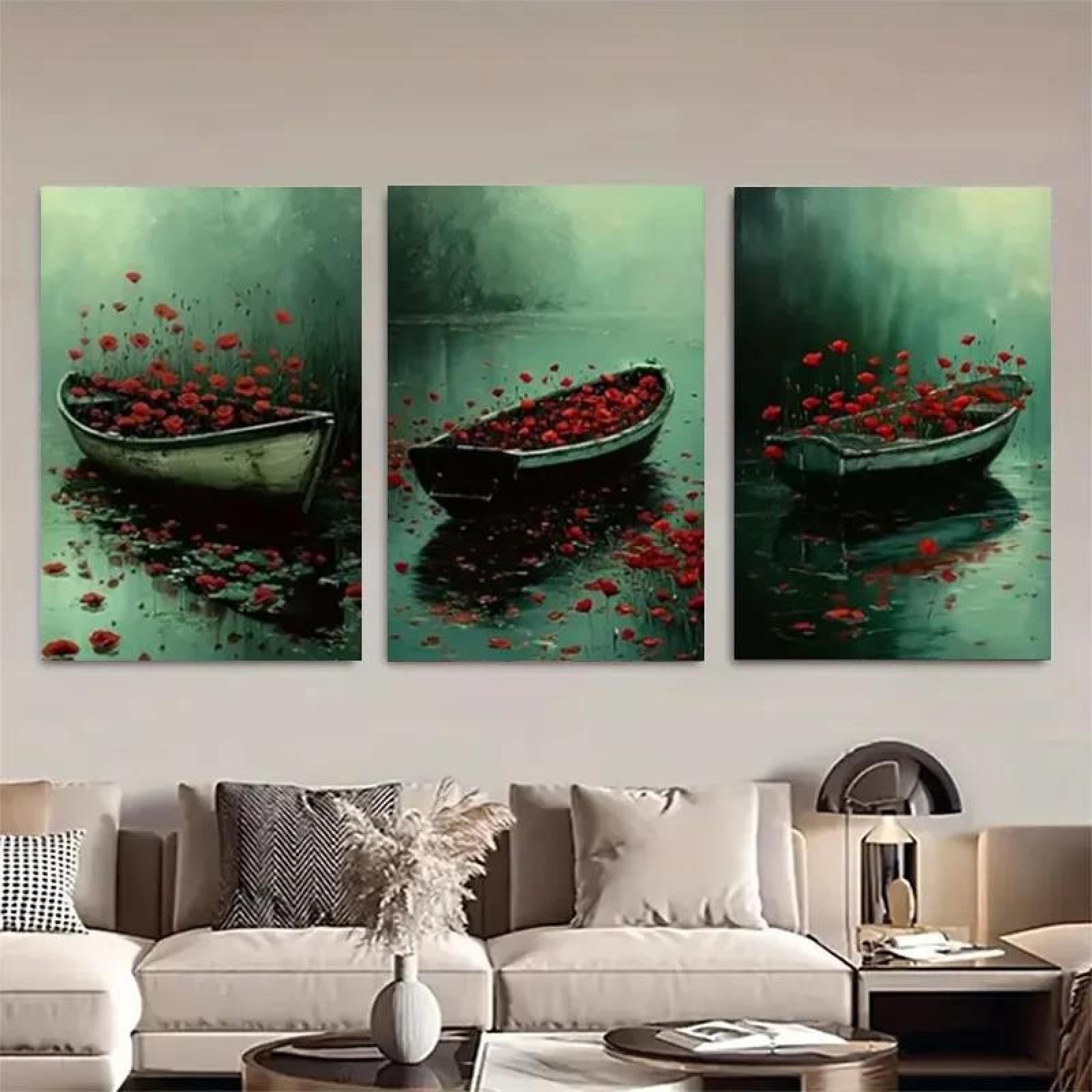 Yocheng 2D Flat, 3pcs Canvas Wall Art Set -Inspired Red Flower Boats On Misty Water,Minimalist Triptych Panels 40x60cmx3 No Frame