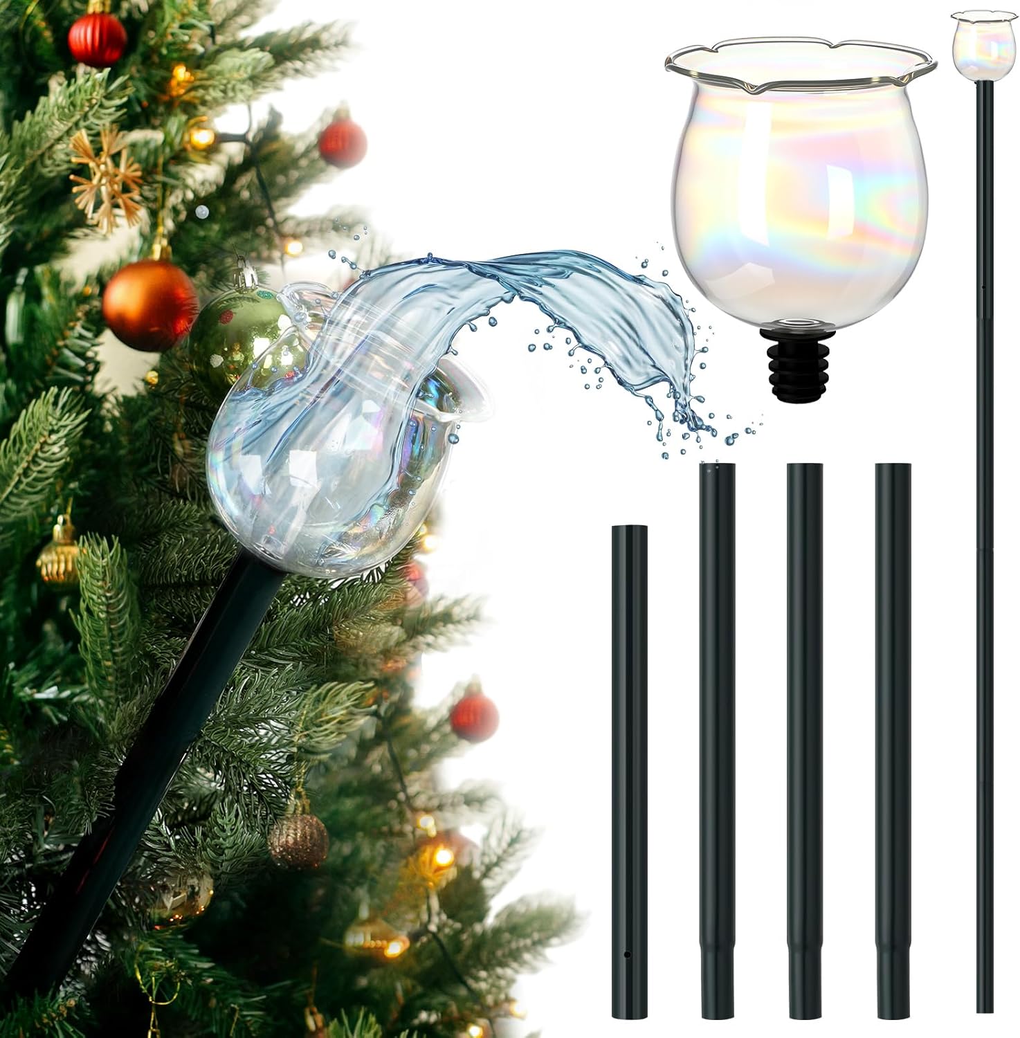 Potchen 52 Inch Flower Shape Christmas Tree Watering Plants System Laser Glass Christmas Tree Watering Funnel with 4 Pcs Metal Stainless Steel Hose Long Funnel Waterer for Indoor Outdoor Plants Trees