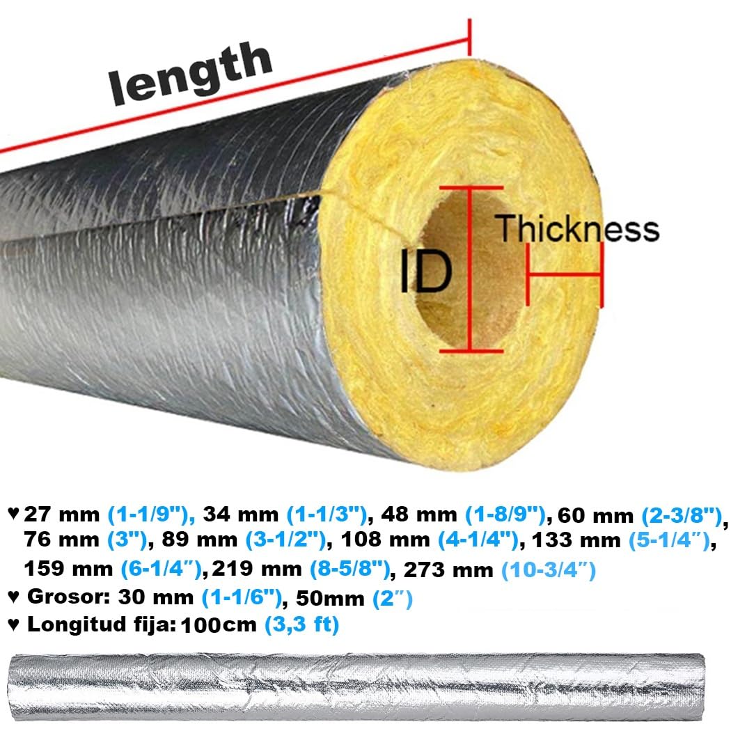 (Spessore 30mm/50mm) Guaina Isolante in Lana di Vetro Ignifugo - Isolante/Antigelo/Ignifugo/Impermeabile - Tubo Isolante Termico Camino, Coperture per Tubi Industriali(108mmX30mm)