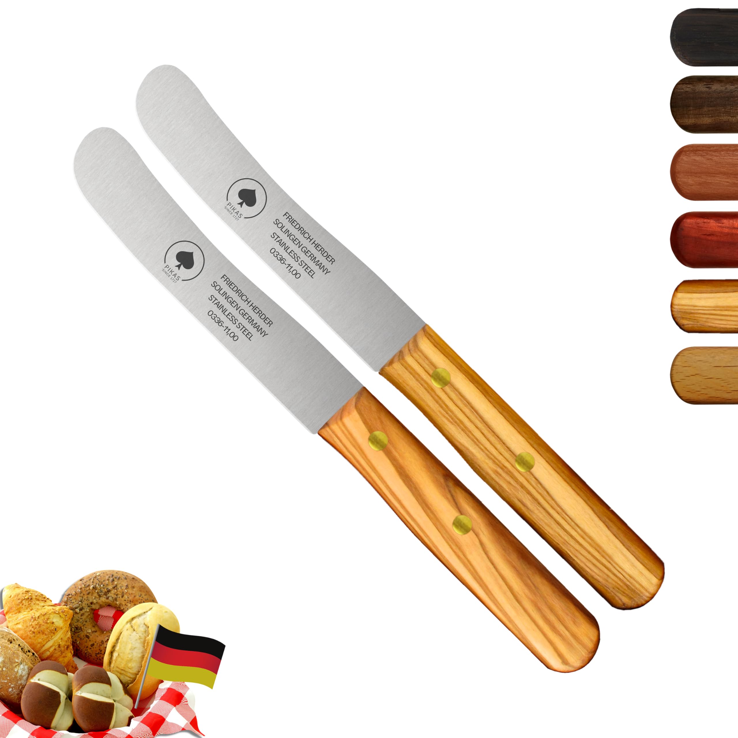 Solingen Messer, 2er Set Olive Holzgriff, Premium Buckelmesser, Klinge rostfrei 11cm - Küchenmesser, Brotmesser, Frühstücksmesser, Dünnschliff & Handabzug, Made in Germany