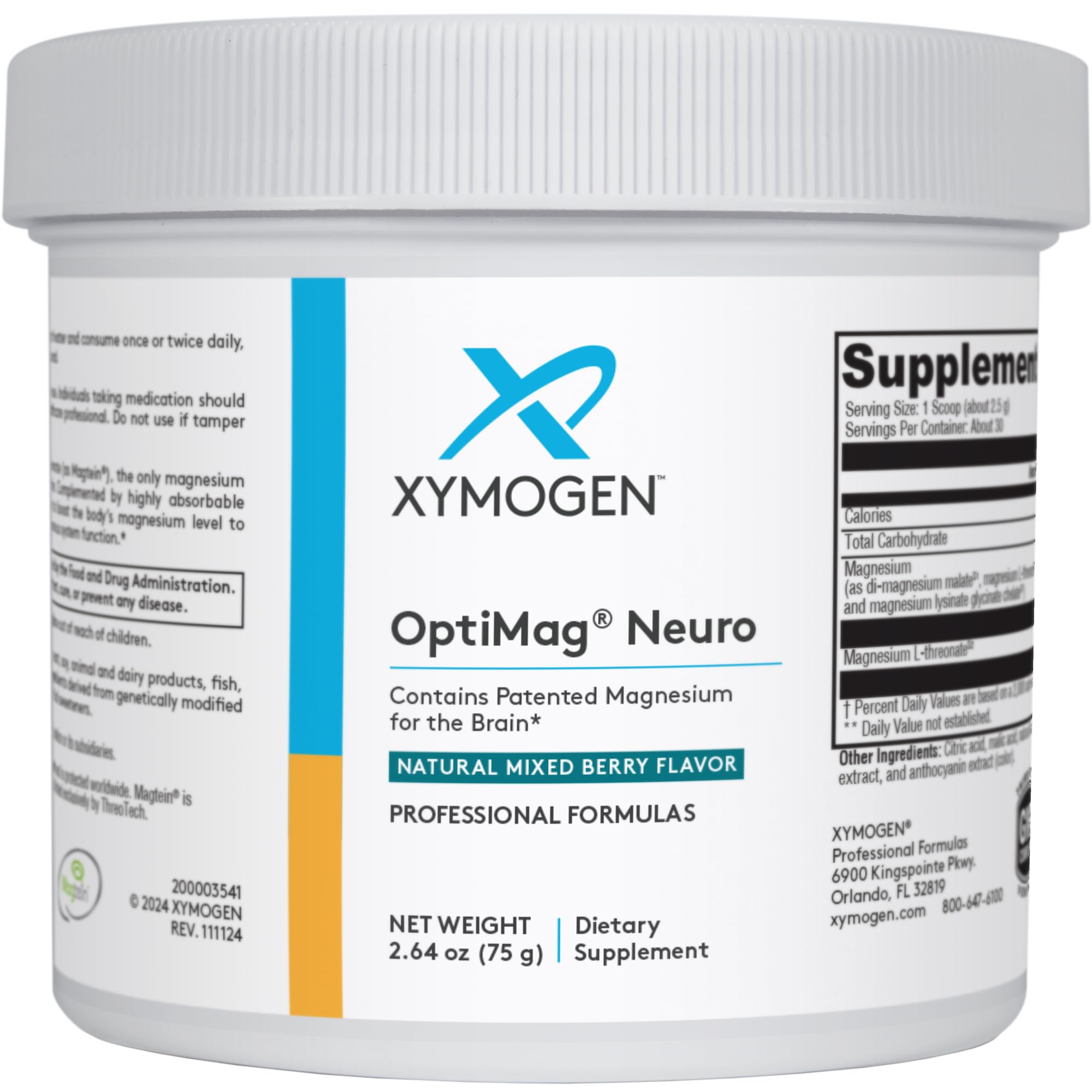 XYMOGEN OptiMag Neuro - Chelated Magnesium Powder - with Magnesium Glycinate & L-Threonate - Support Brain Health & Relaxation - Mixed Berry (30 Servings)