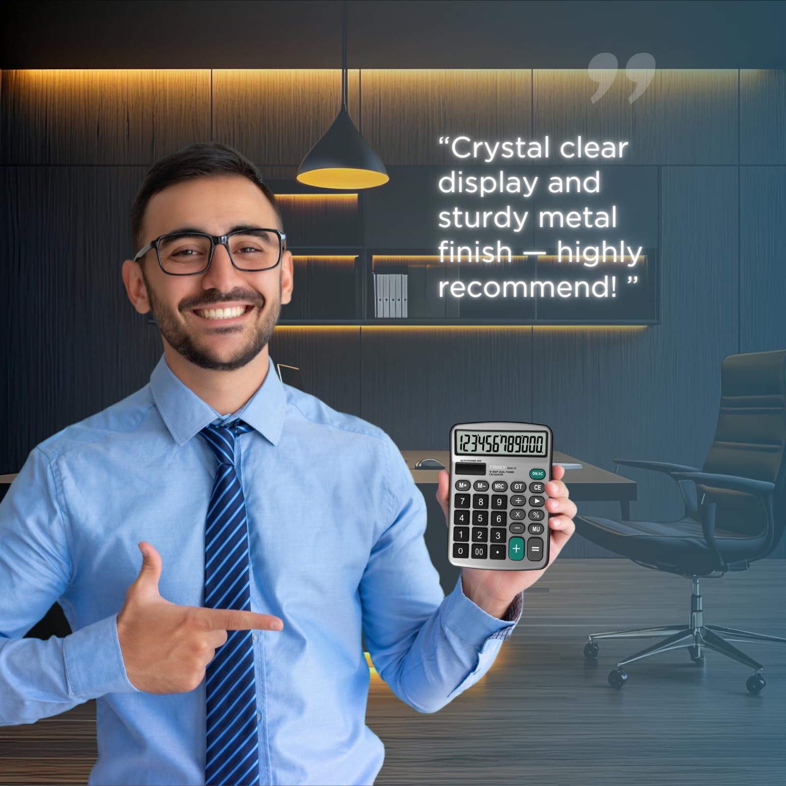 TRULY Calculadora de escritorio de 12 dígitos con pantalla grande, botones grandes, doble alimentación (solar + batería), acabado metálico, ideal para oficina, hogar, escuela - 837A Pro azul claro