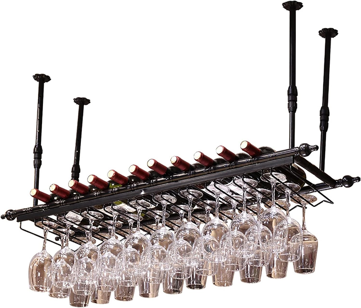 Ceiling Wine Glass Rack Hanging Wine Glass Holder,Height Adjustable,Vintage Goblet Holder,Metal Wrought Iron Black Wine Rack,Home Bar Kitchen Wine Stand,Ceiling Decorative Shelf