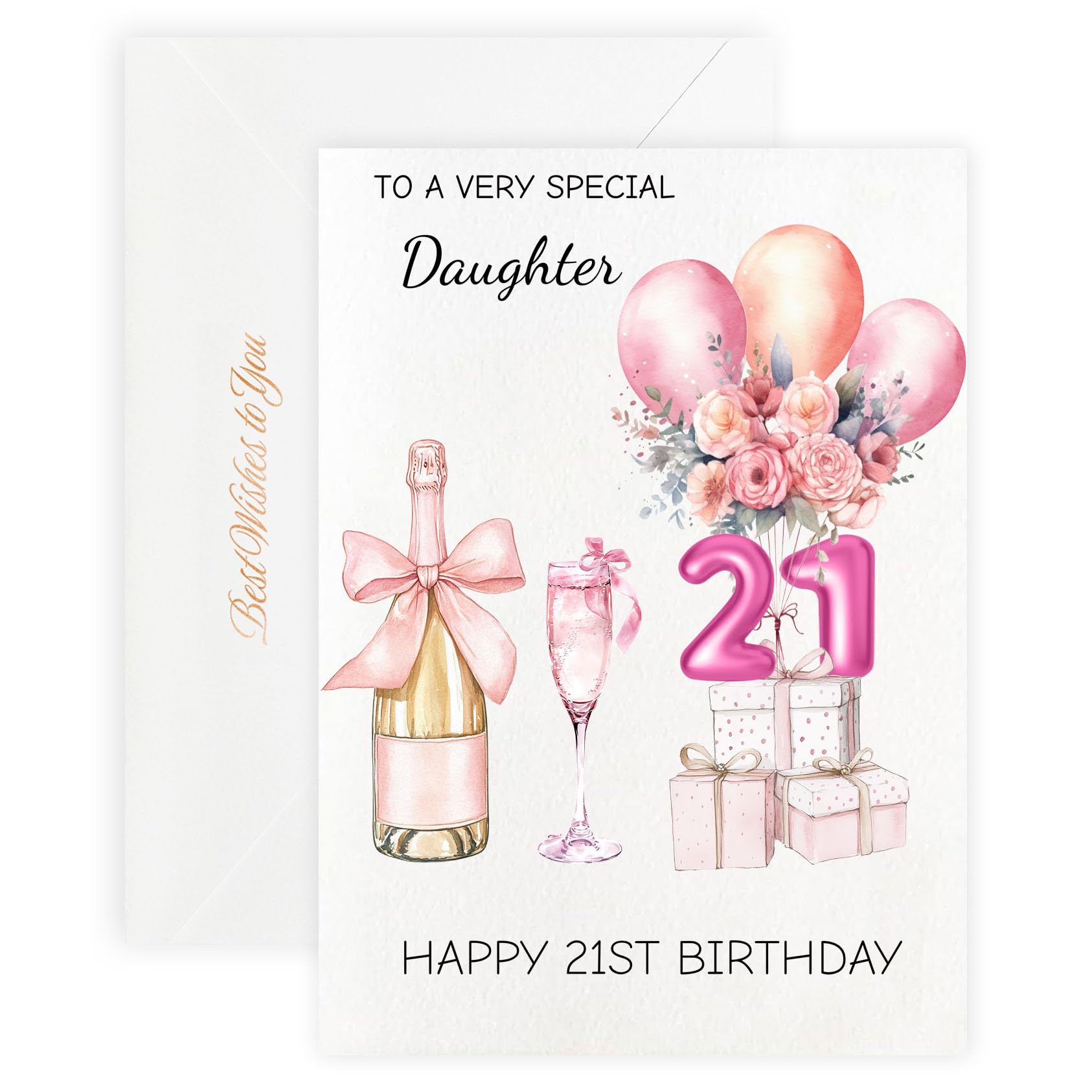 MAGJUCHE 21st Birthday Cards for Daughter, Pink Happy Birthday Cards, with Envelope and Wax Seal, 5x7 inch