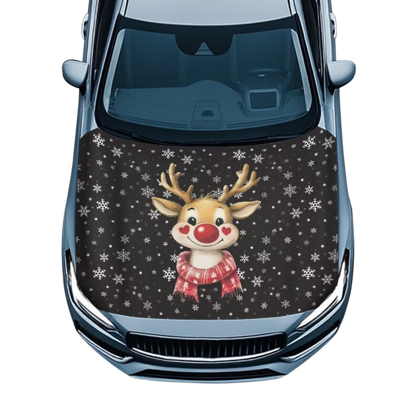 Tomeusey Christmas Deer Snowflakes Car Hood Cover Waterproof Protector with Elastic HemUV Resistant Snow Dust Shield for Sedan