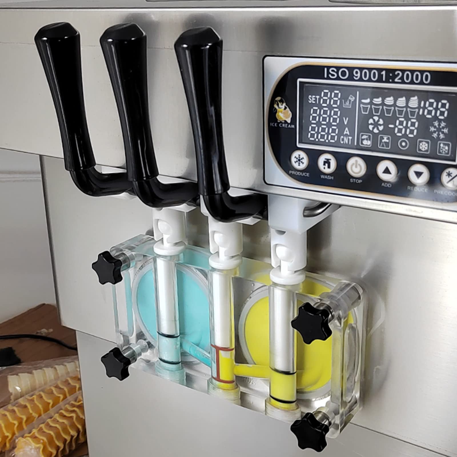 Kolice ETL Commercial 3 flavors soft ice cream machine,gelato yogurt ice cream machine-2+1 mixed flavors,upper tanks refrigerated,countertop,auto counting,auto washing