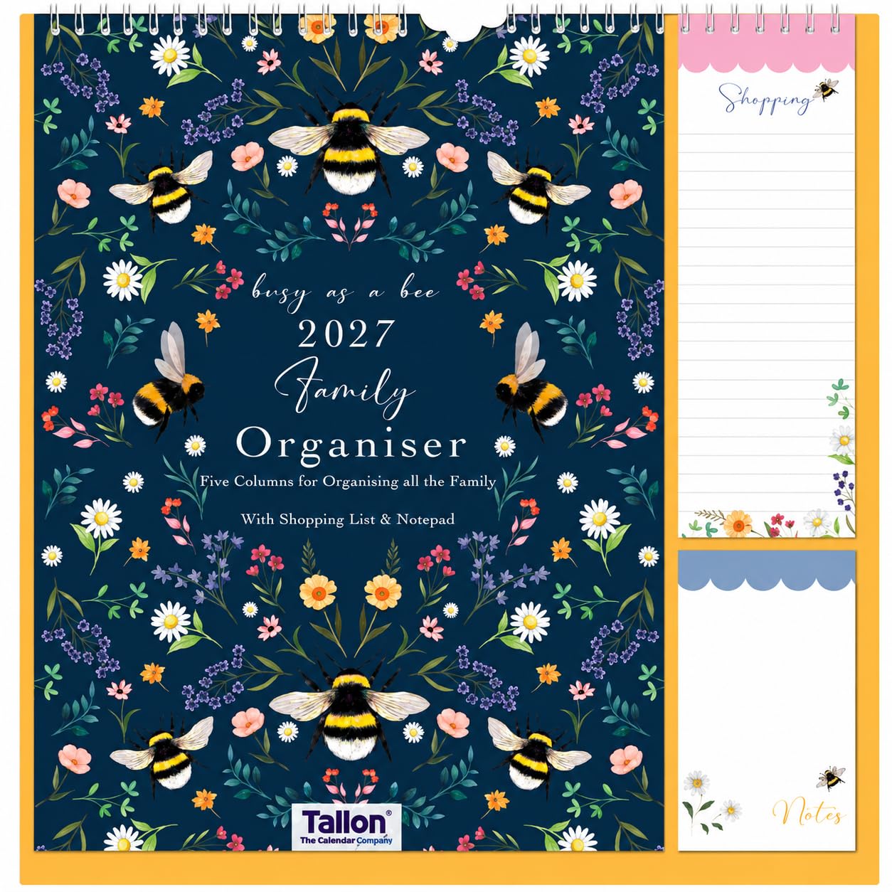 Sixstore 2027 Family Planner 5 Column Calendar with Shopping List & Notepad, Family Organiser, Bees