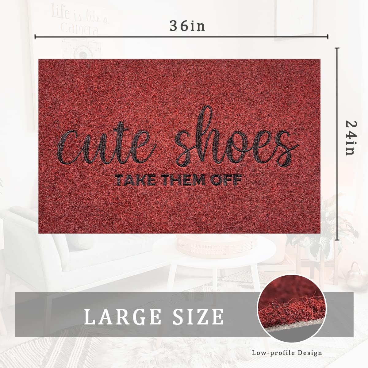 AOAOPQ Funny Doormat Cute Shoes Take Them Off Door Mats Welcome Outside Mats for Garden Entrance Hallway Shoe Scraper Rubber Backing Washable Doormat 24"x 36" Dark Red