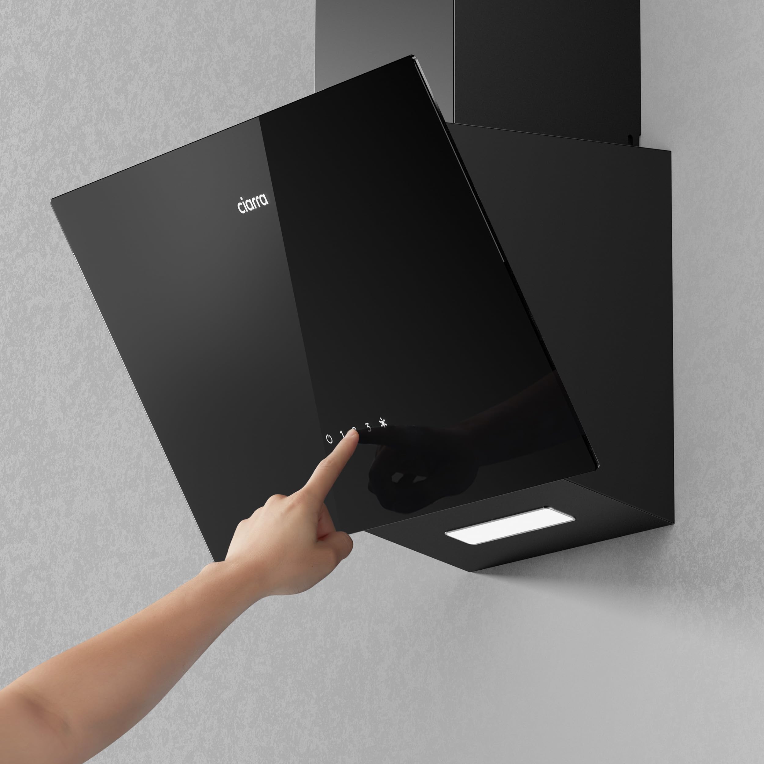 Ciarra CBCB6750C Classe A++ Cappa Aspirante Inclinata 60 cm – 350 m³/h - 3 Velocità - Touch Control - Filtro a Carboni CBCF002 Incluso - Modalità Scarico/Recycling - Design Salvaspazio