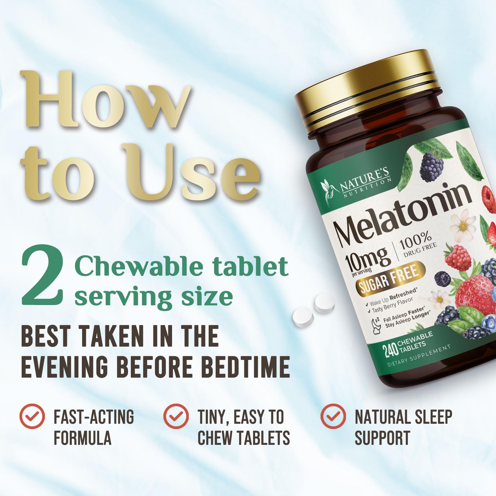 Melatonin 10mg Per Serving - Extra Strength Melatonin Supplements for Restful Sleep Support - Sugar-Free Melatonin Sleep Tabs - Sleeping Support for Adults - Bottled in USA - 240 Fast Dissolve Tablets — Amazon image 6