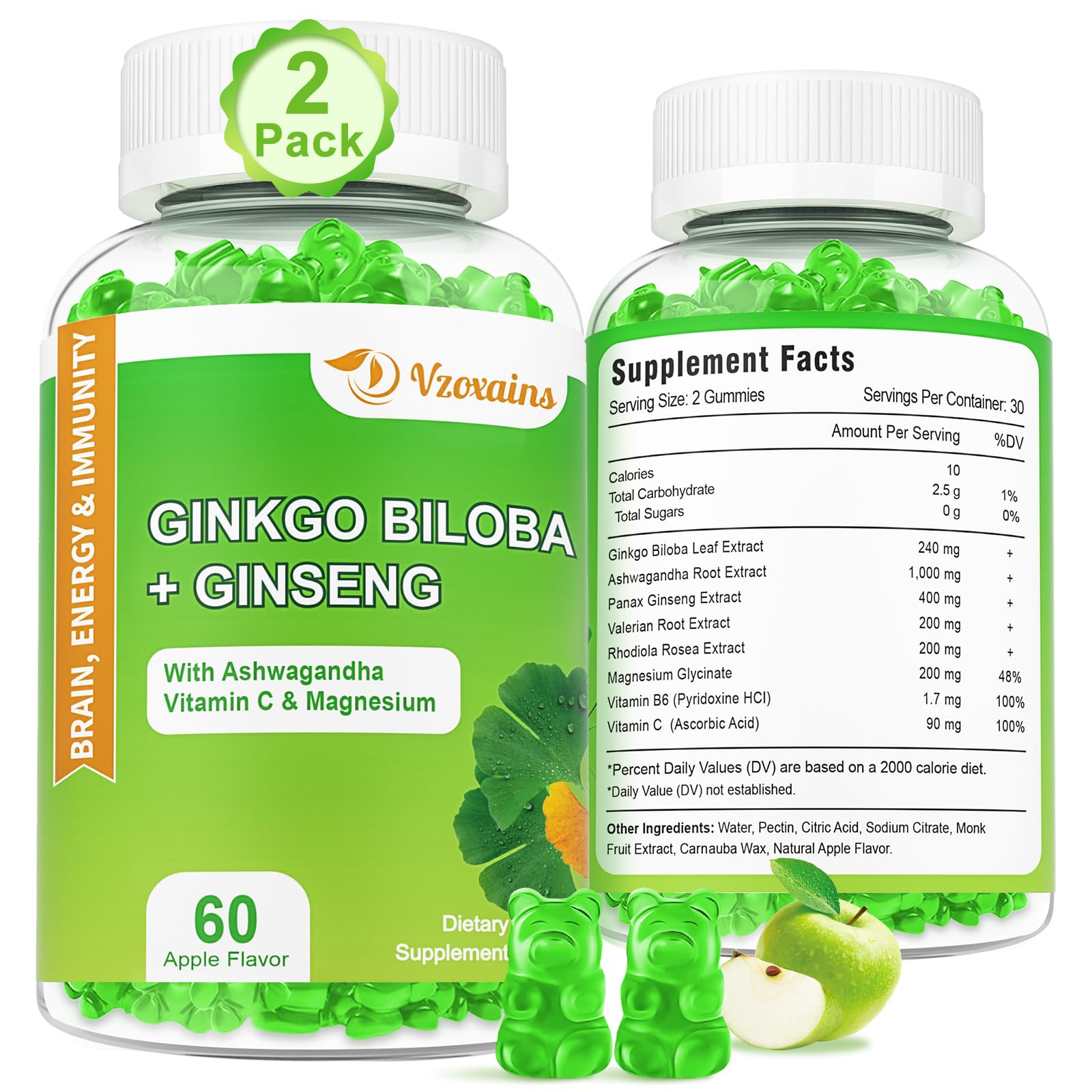 2 Packs 240mg Ginkgo Biloba Gummies, Supports Healthy Brain Function, Mood and Memory Support for Adults, 120 Cts 60 Count (Pack of 2)