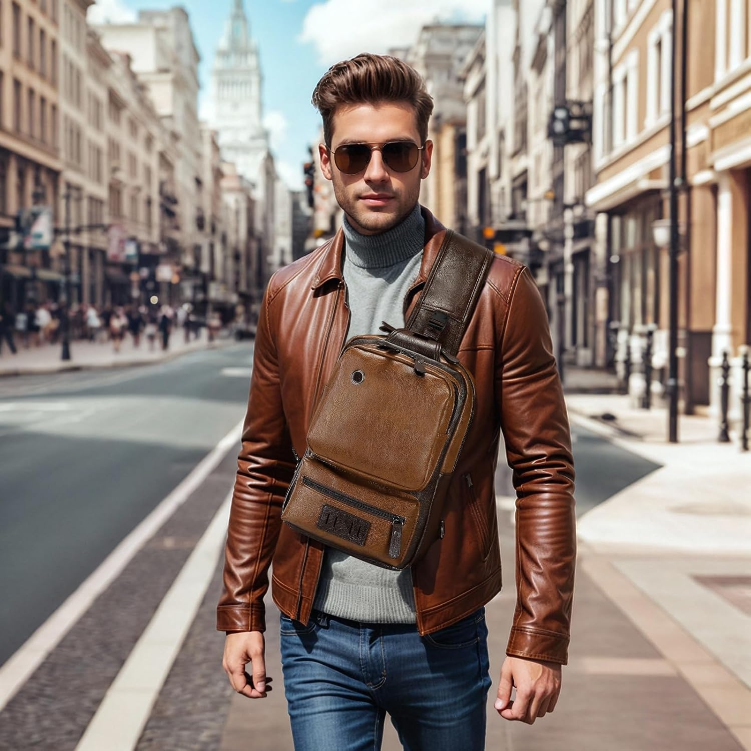Vintage PU Leather Sling Backpack for Men, Crossbody Bag, Adjustable Shoulder Strap (Light Brown) - Image 2