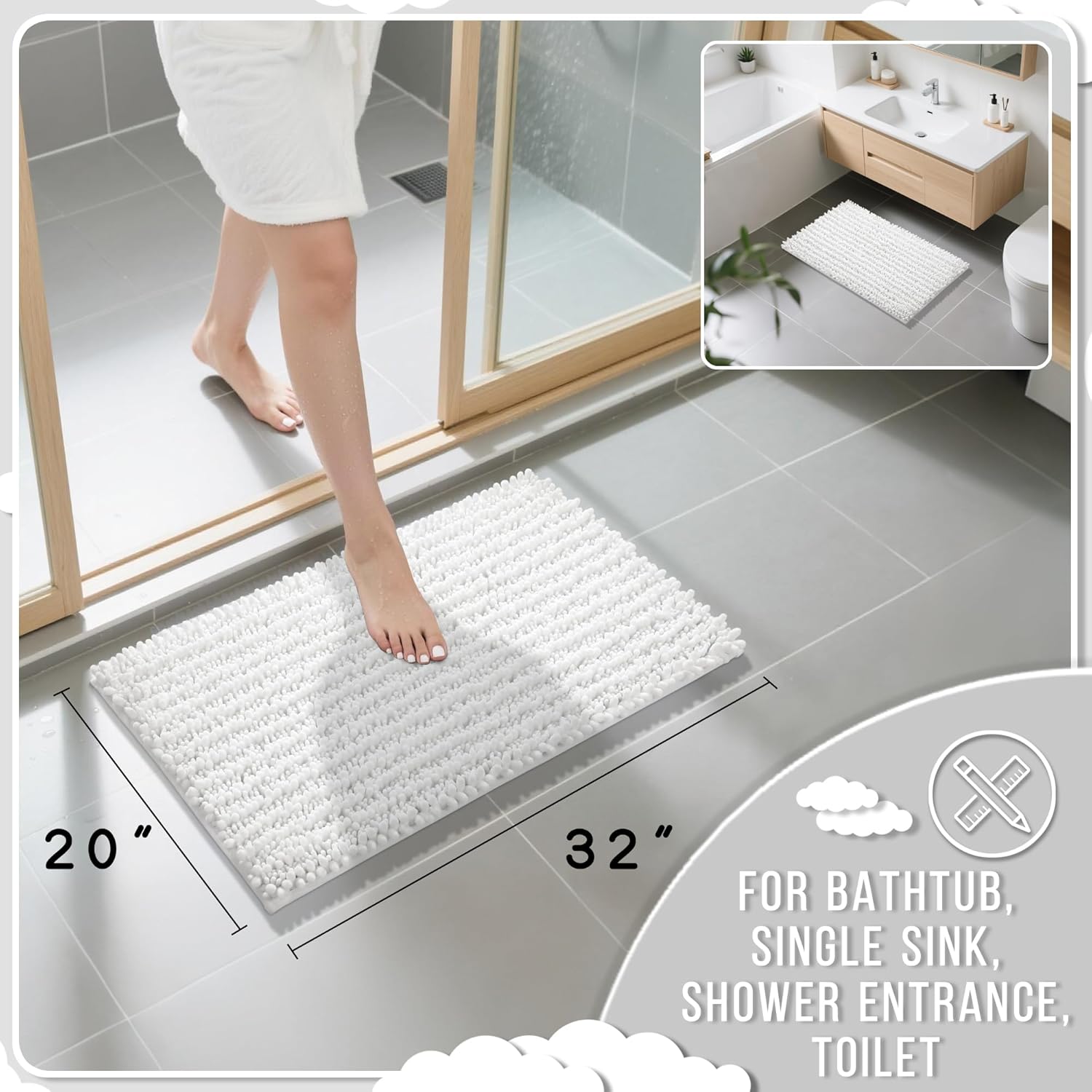 Yimobra Bathroom Rugs Non Slip Washable 32x20 Inch - Ultra Soft Absorbent Chenille Bath Mat, Quick Dry Shaggy Floor Carpet for Tub Shower, White Home Decor Accessories - Image 2