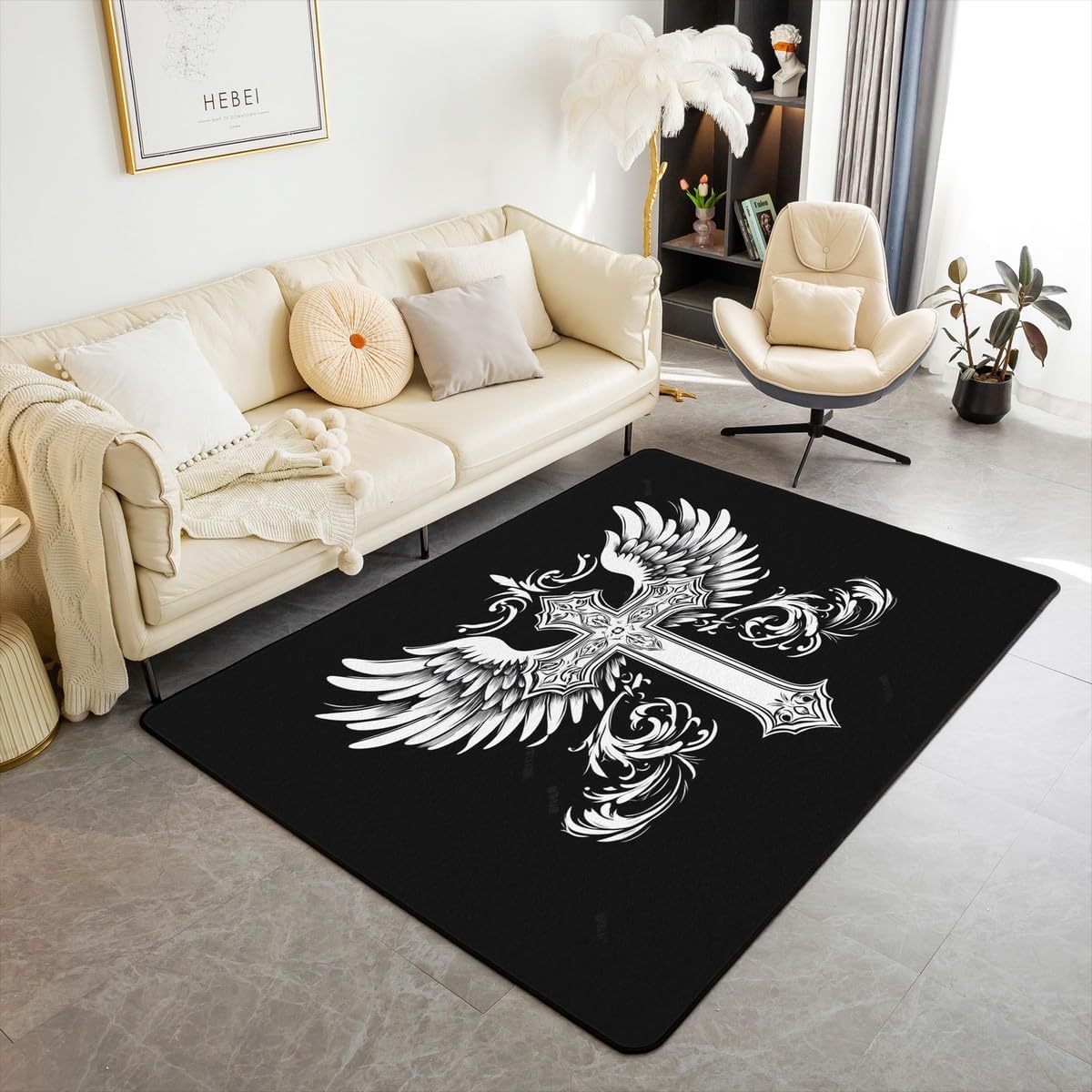 Erosebridal Cross Area Rug 4'11" x 3'3" Wings Living Room Rugs for Adults Paisley Baroque Victorian Vintage White Black Grey Decorative Carpet Machine Wash Dry Indoor Floor Mat