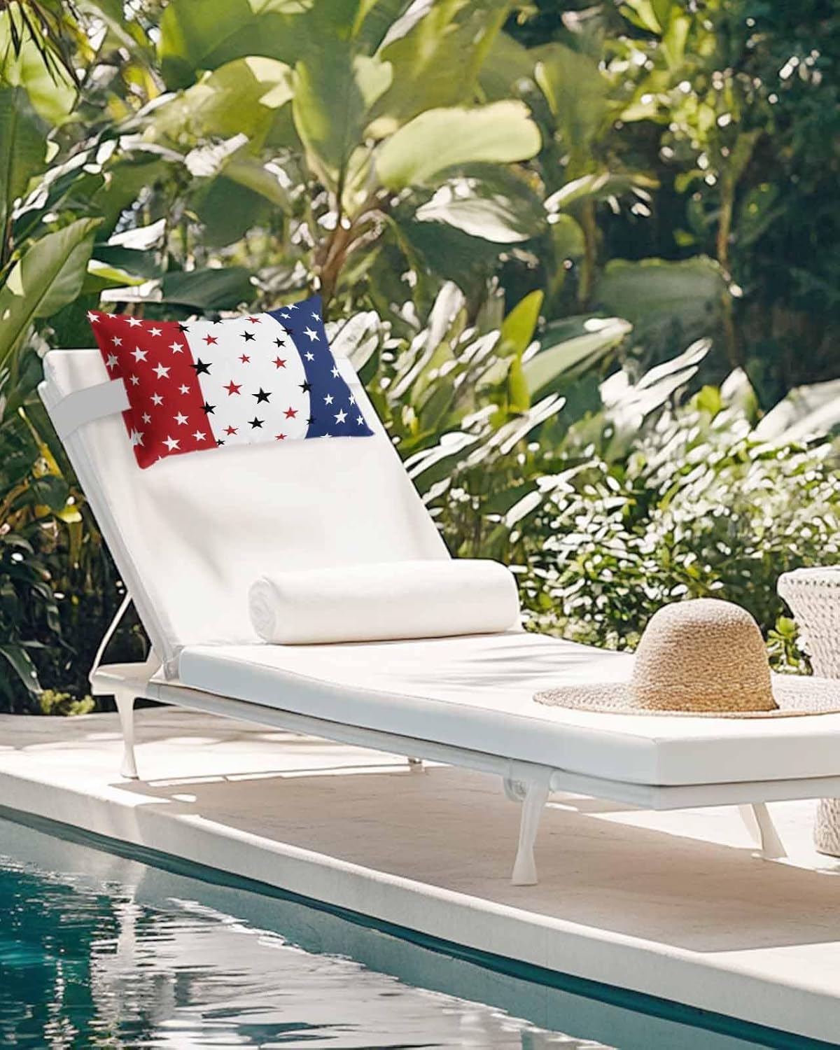 Independence Day Outdoor Chaise Lounge Head Resting Pillows 2 Pack, Stars Stripes American Flag Waterproof Patio Furniture Pillow with Insert Adjustable Elastic Stripe for Recliner Beach Chairs