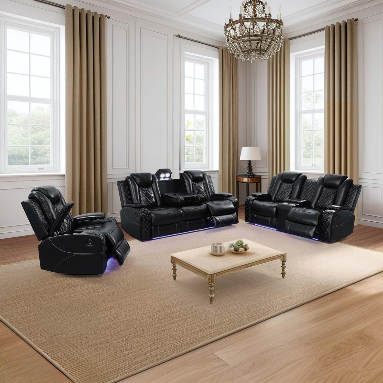 3 Pieces Power Sofa Set with LED Lights, Leather Living Room Furniture,Electric Adjustable Reclining Couch with Storage Console/Cup Holders/USB Port, Home Theater Seating Sofá