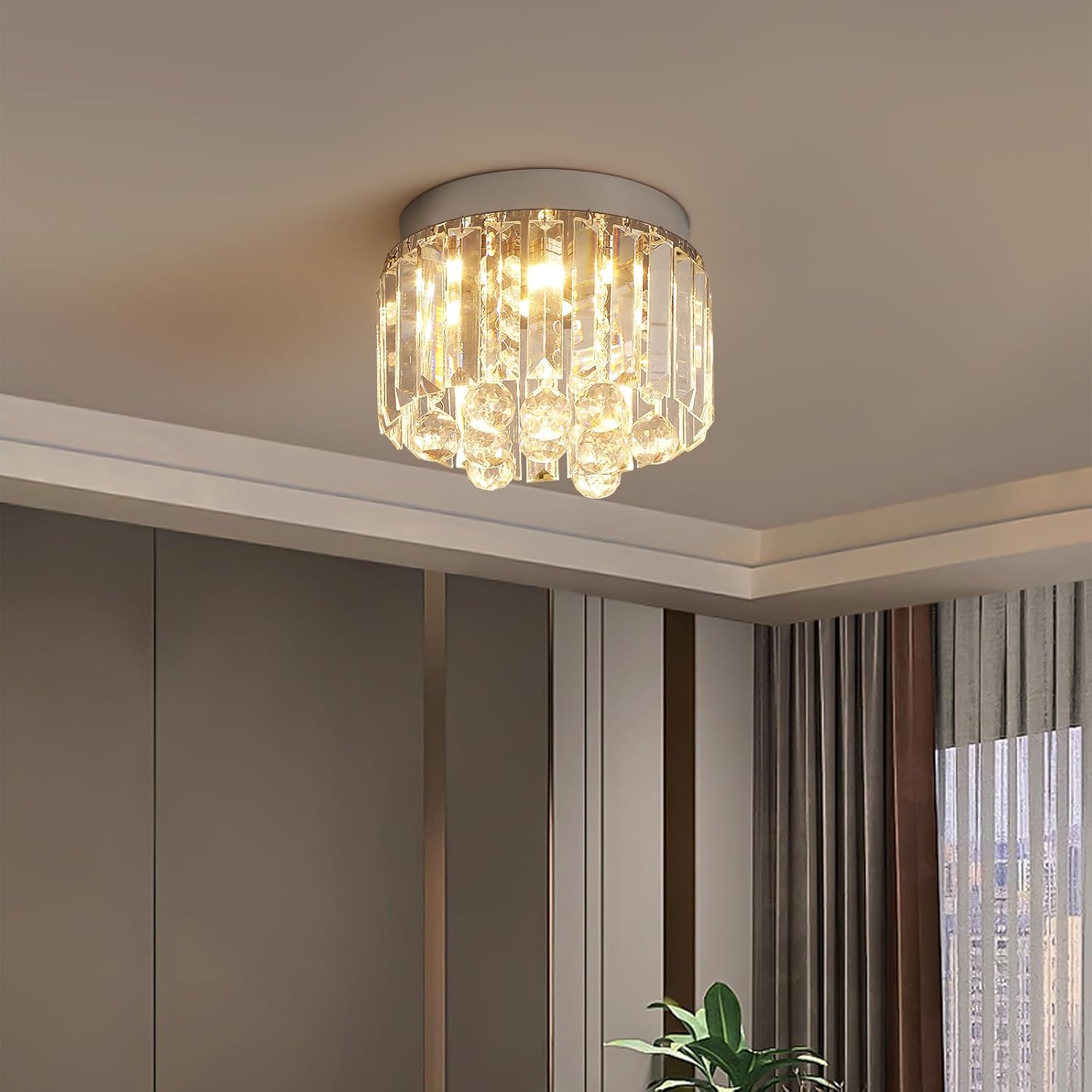 Crystal LED Ceiling Light Chandelier, Modern Semi Flush Mount Lighting Fixture Ceiling Lamp for Living Room, Dining Room, Bedroom, Kitchen Island, Entryway (7.87“ * 5.9” Round Warm Light)