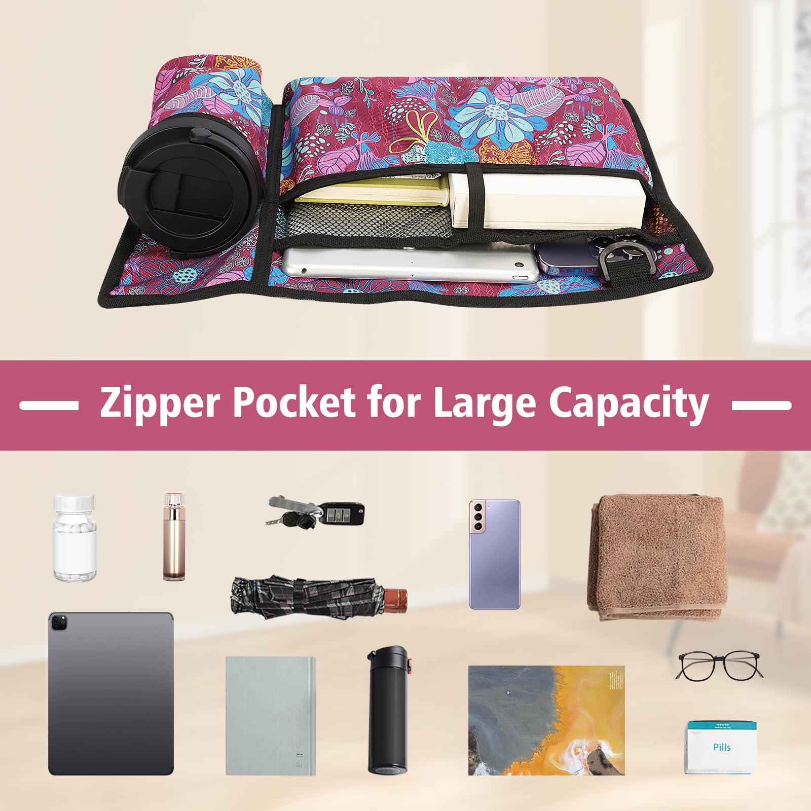 supregear Walker torba z uchwytem na napoje, wodoszczelna torba na wózek inwalidzki, składany, akcesoria do wózków inwalidzkich, wózków inwalidzkich, skuterów, fioletowe kwiaty