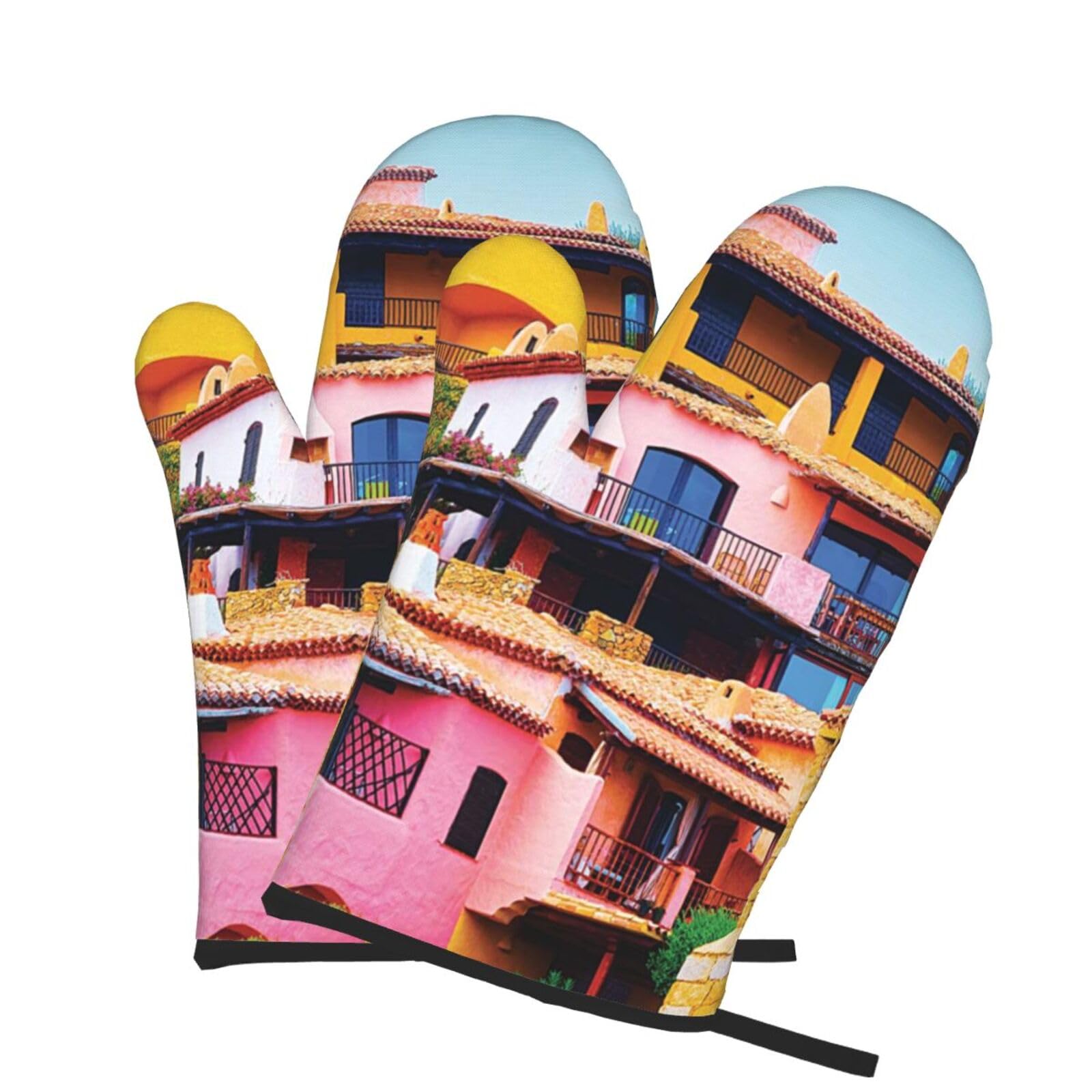 Oven Mitts Set of 2 Pcs, mountain village Prints Heat Resistant Kitchen Gloves for Cooking Baking Grilling
