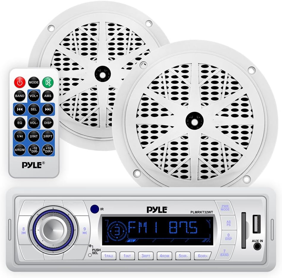 Marine Headunit Receiver Speaker Kit - In-Dash LCD Digital Stereo w/ AM FM Radio System 5.25โโ Waterproof Cone Speakers (2) MP3/USB/SD Readers Single DIN & Remote Control - Pyle White PLMRKT32WT