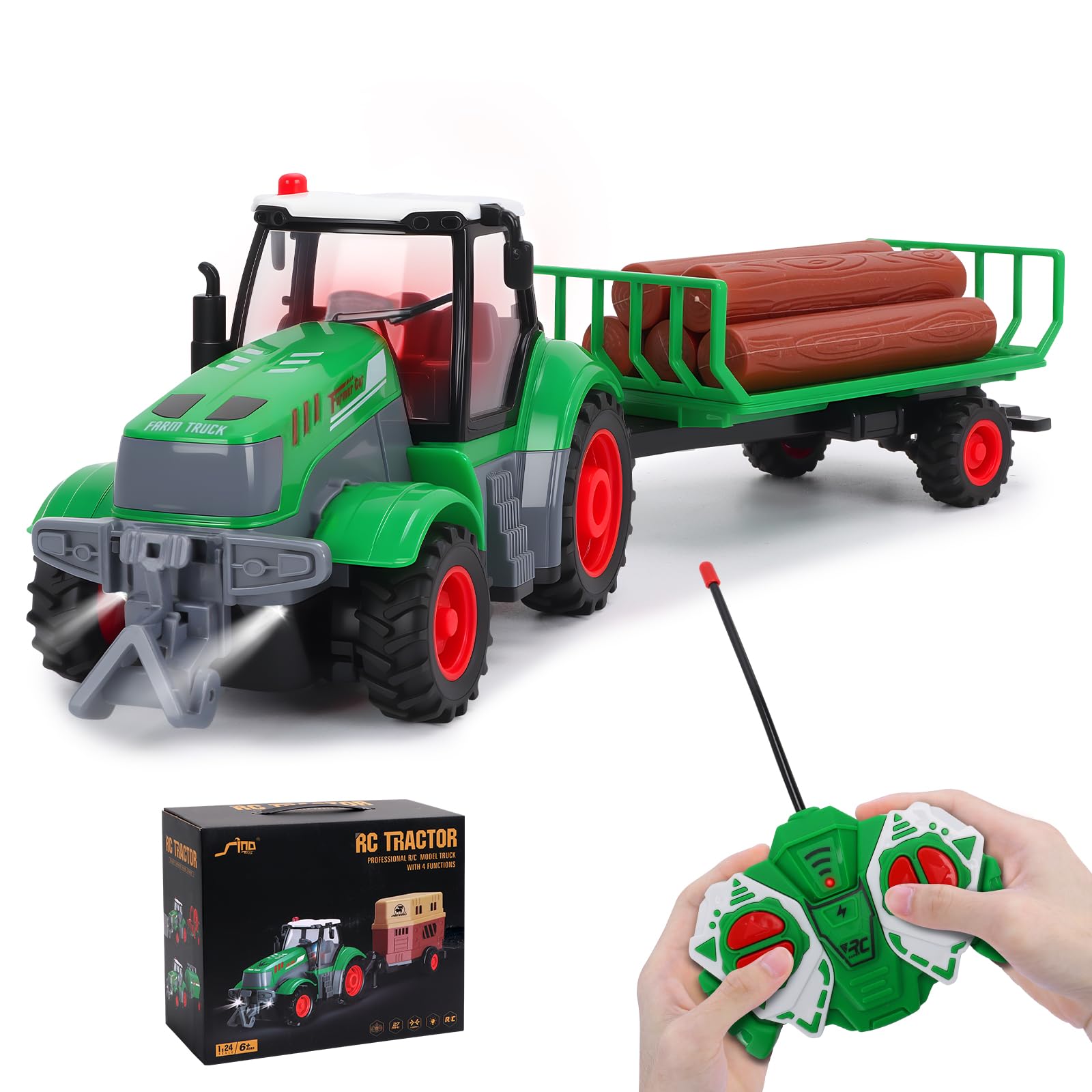 Juguetes de tractor a control remoto, camión a control remoto a escala 1/24 con troncos de madera realistas, remolque desmontable y luz, juguetes de vehículos agrícolas recargables para