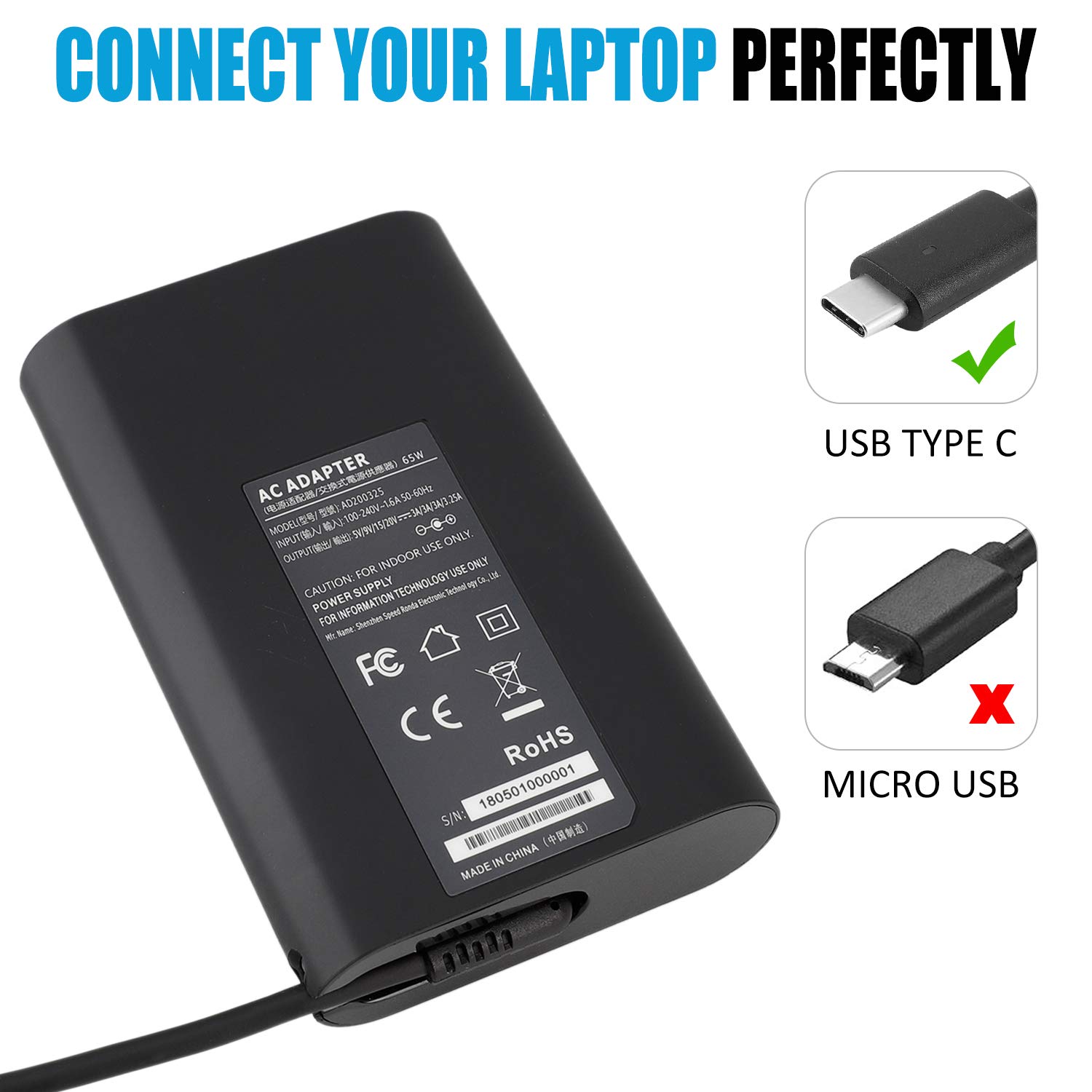 65W USB C Type-C AC Charger for Dell LA65NM170, DA30NM150, LA45NM150, 02YKOF, XPS 12 9250, Latitude 11 5175, Latitude 12 7275, Latitude 13 7370, Latitude 14 5480 Power Supply Cord