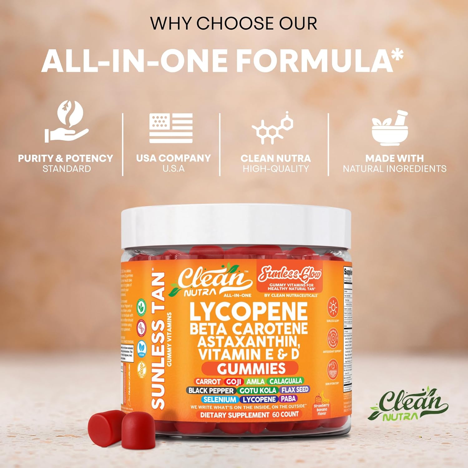 Sunless Glow Lycopene Beta Carotene Tanning Gummies Astaxanthin Vitamin C D E Flax Seed Selenium Amla l Tyrosine PABA Black Pepper 60 Count Strawberry Banana Flavor by Clean Nutra - Image 8