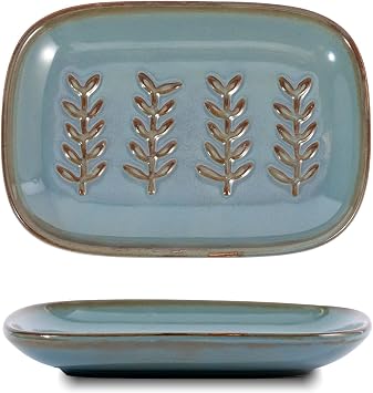HighHerz Aesthetic Ceramic Soap Dish for Shower, Soap Holder with Raised Relief, Shower Soap Dish for Shampoo Bar Or Sponge, Soap Saver for Bathroom, Kitchen, Sink, Decorative Soap Tray Blue
