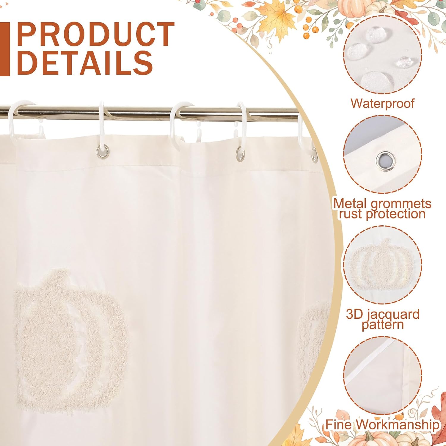 Beige Fall Pumpkin Shower Curtain for Bathroom 3D Tufted Embroidery Design