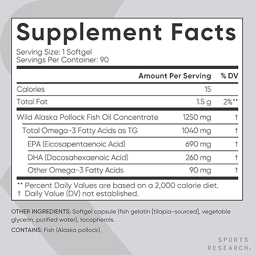 Miniatura 6 de Sports Research Aceite de pescado Omega 3 de triple fuerza, suplemento de aceite de pescado sin eructos con ácidos grasos EPA y DHA, monohidrato de