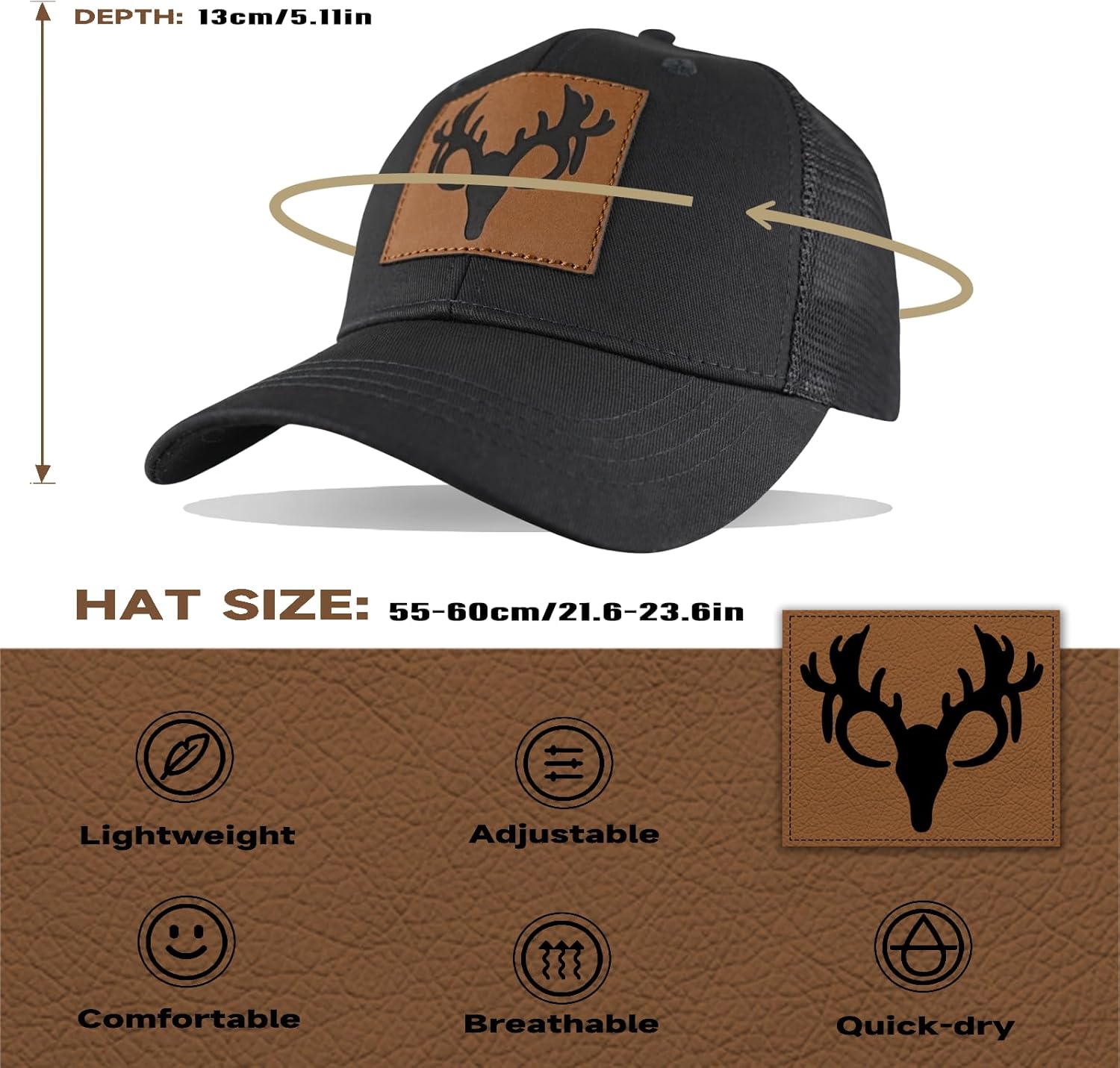Hunting Deer Hat, Snapback Trucker Hats Leather Patch Mesh Baseball Cap Hunter Gifts for Men Dad Grandpa - Image 4