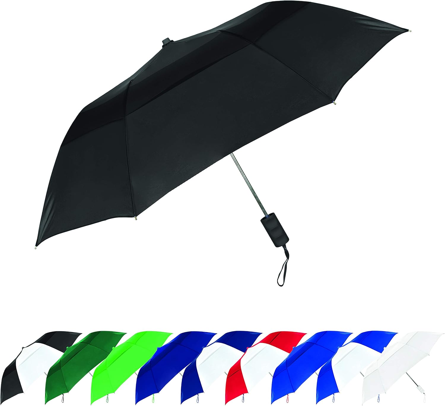 STROMBERGBRAND UMBRELLAS Vented Windproof Umbrella Compact Small Sturdy Automatic Open Wind Vent for Women and Men (with Matching case and Strap), (Black)