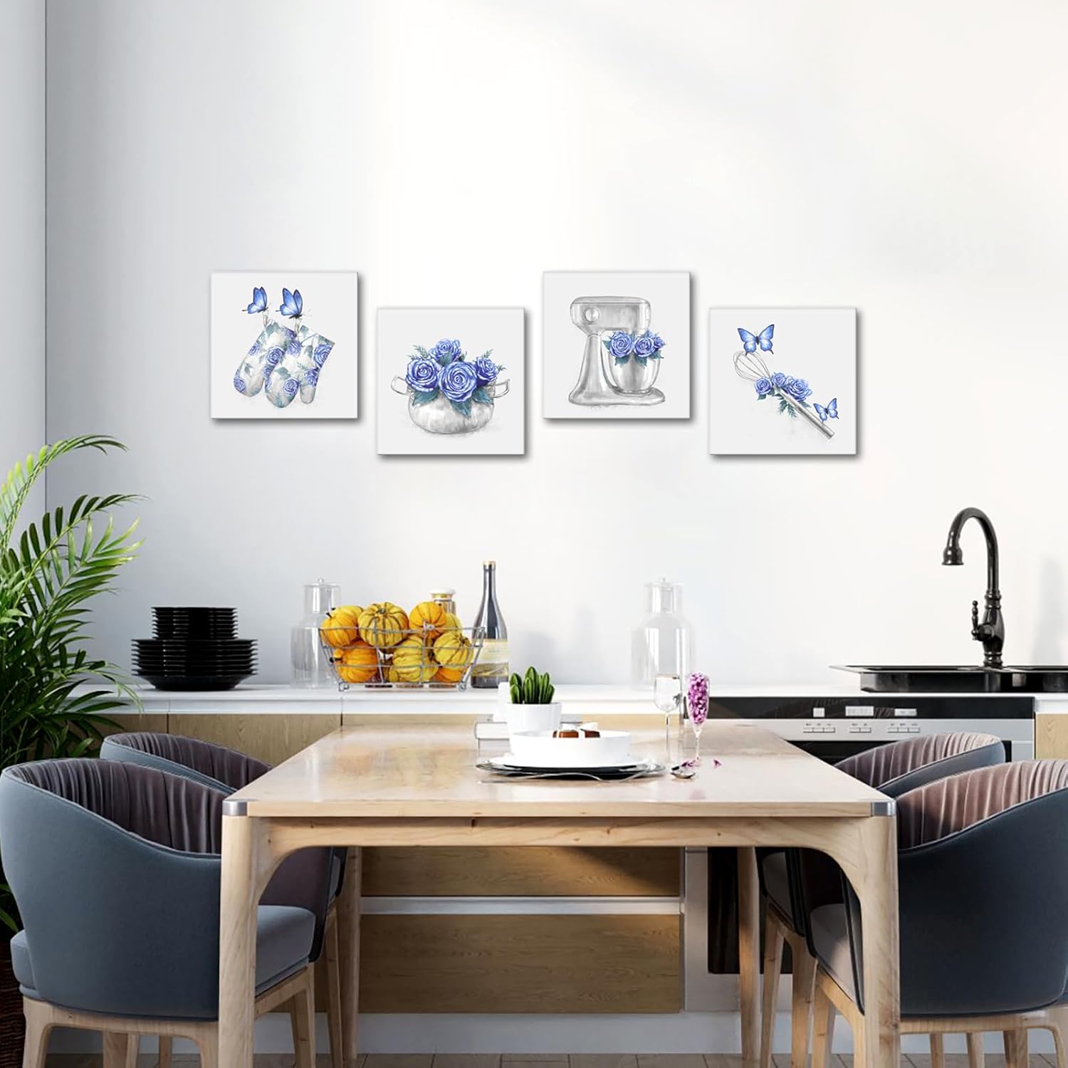 HOMEOART Kitchen Wall Art Farmhouse Kitchen Decor Flower Butterfly Painting Pictures Framed Artwork 12x12inchx4Pieces (Blue)