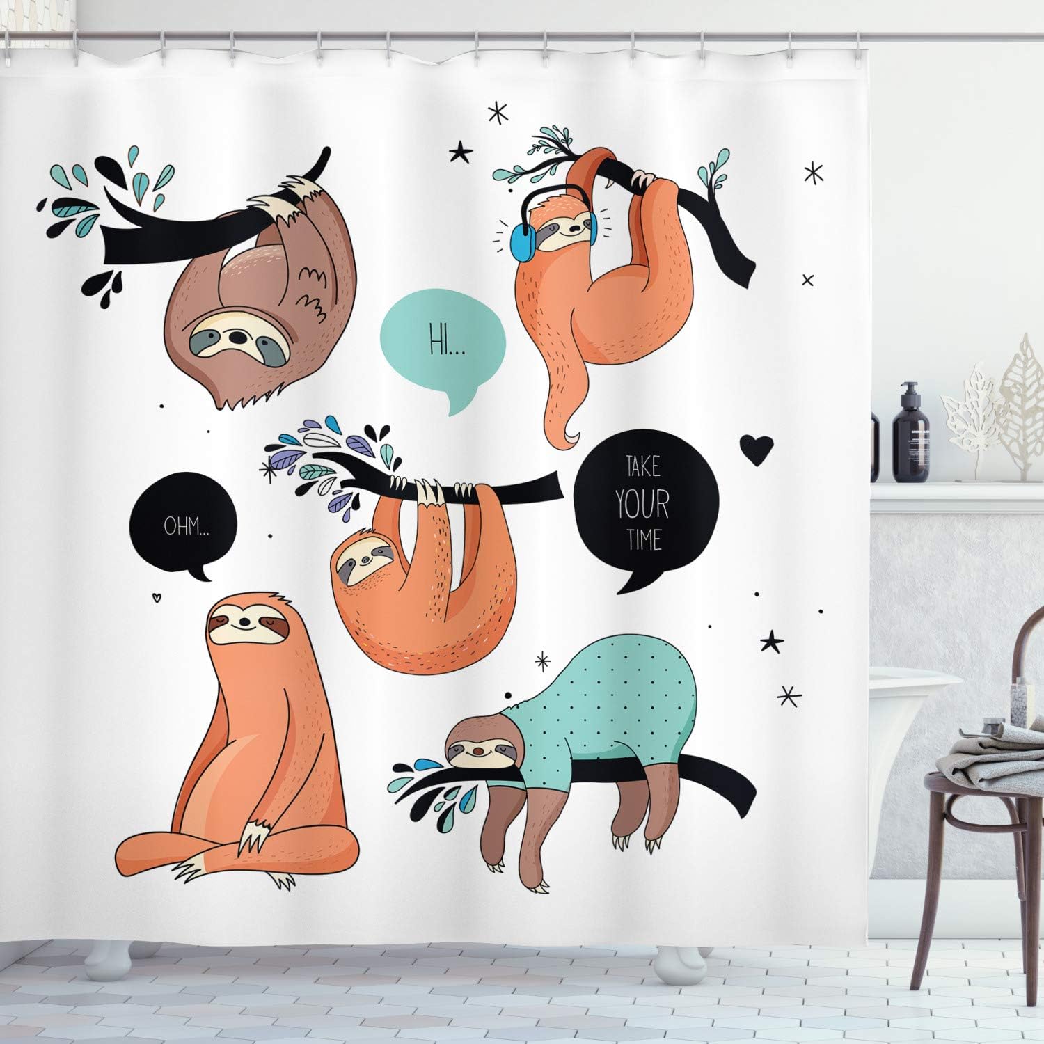 Ambesonne Animal Shower Curtain, Cartoon Style Illustration Tribe of Sloths Smiles Sleeping Lazy Does Yoga Words, Cloth Fabric Bathroom Decor Set with Hooks, 69" W x 75" L, Multicolor