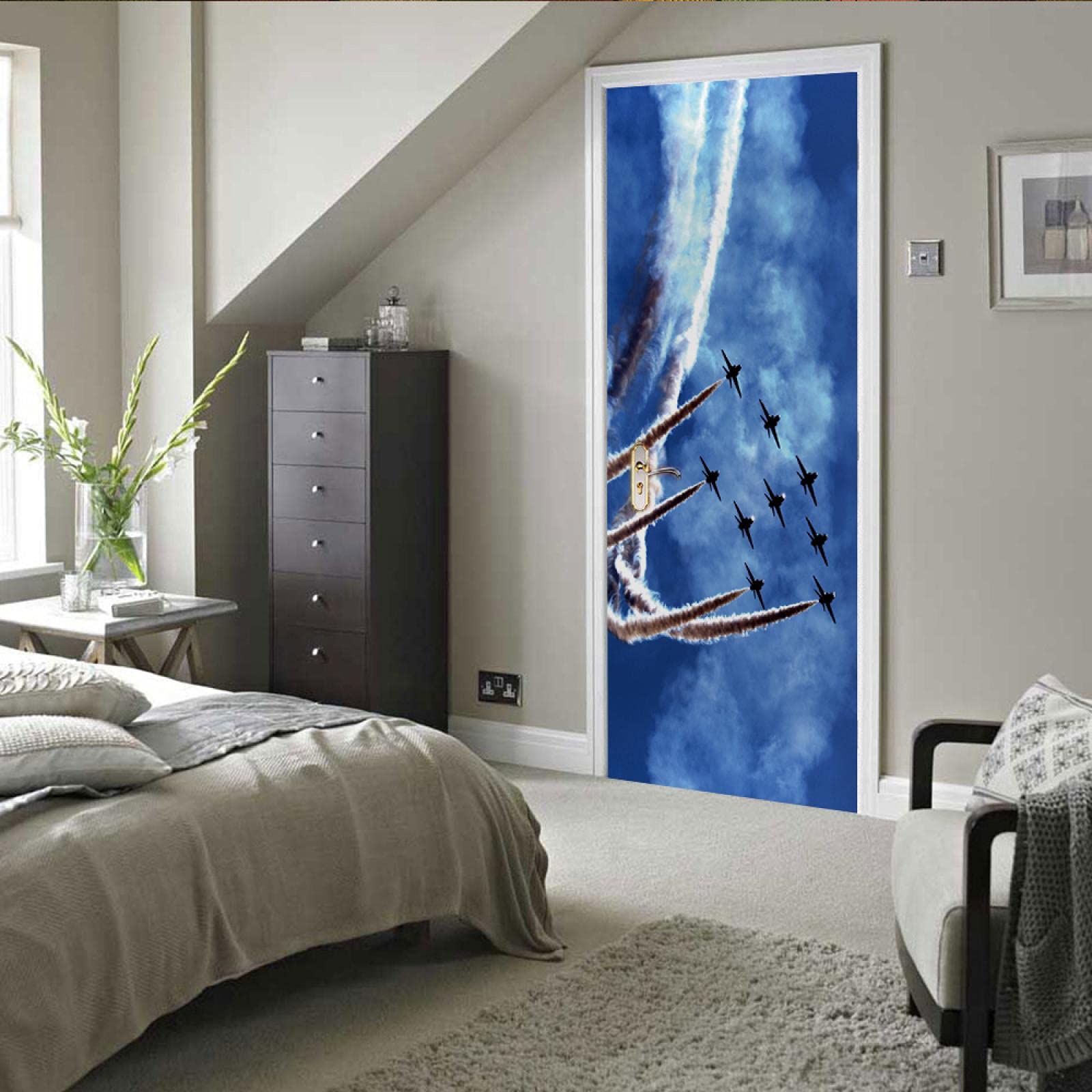Autocollant Porte 3D Trompe-l'œil Avion De Chasse Et Nuages - Dimensions 77x200 Cm - PVC Auto-adhésif - Déco Murale Moderne - 11