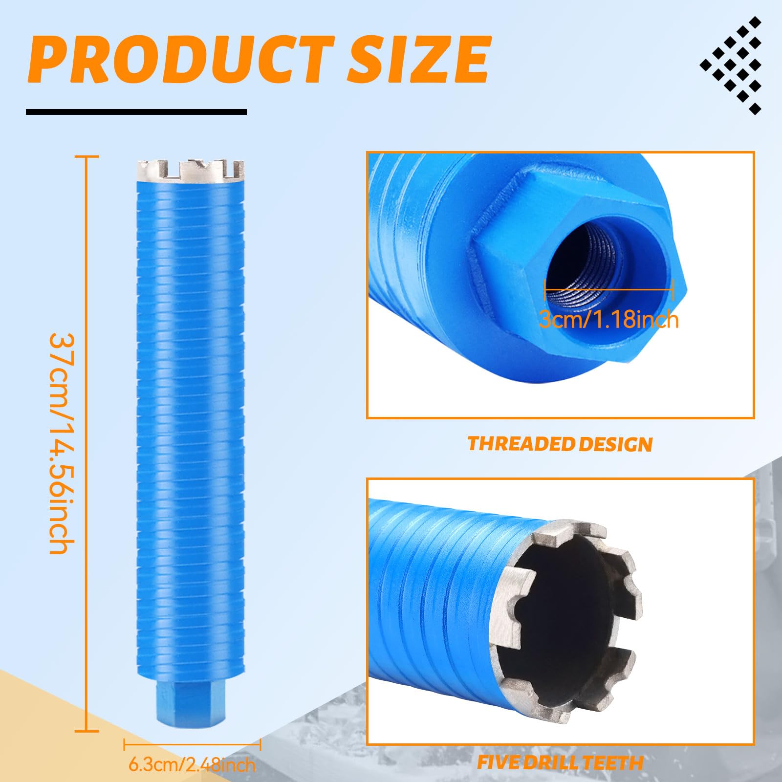 2 1/2in Diamond Core Drill Bit with 14-9/16in Total Length, 7/8in Thread, Core Bits for Concrete Brick, Block and Masonry - Image 2