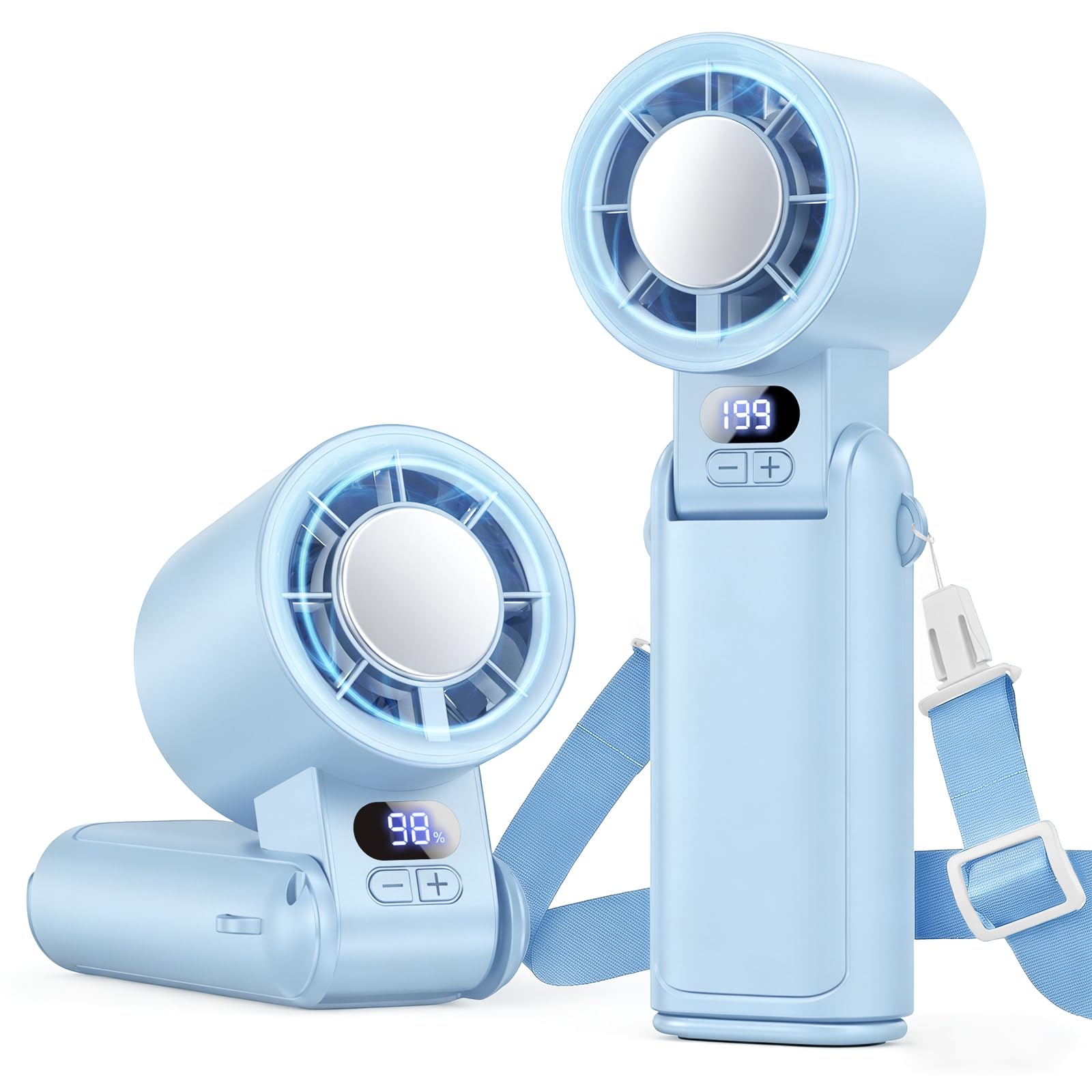 Deyhoc Handheld Fan Rechargeable with LED Display & Clip, 1-199 Speed Adjustable, 3-in-1 Hand Neck & Desk Fan, Powerful Portable Mini Hand Held Fans for Travel Camping Office Home, Blue