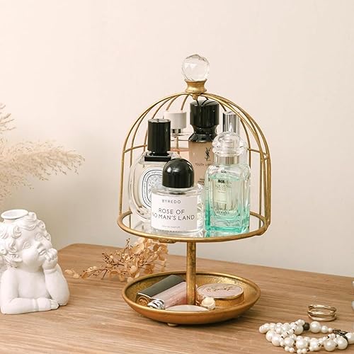 NIKKY HOME Organizador de maquillaje, bandejas organizadoras de perfume doradas para tocador, bandeja organizadora de joyas vintage con doble capa,