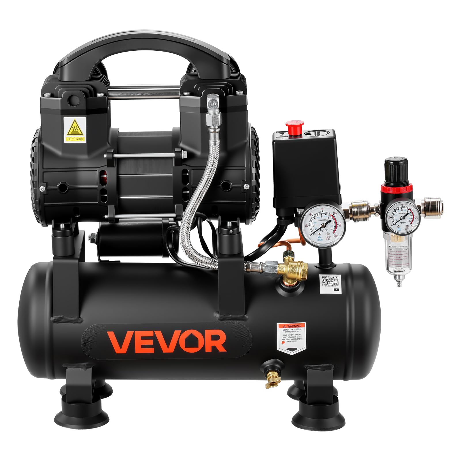 VEVOR Compresor de Aire Portátil con Depósito 6 L sin Aceite, Motor de 0,75 kW, 71 L/min a 6,2 bar, Presión Máxima 8 bar, con Ruedas para Garaje, Inflado, Reparación, Taller y Herramientas Neumáticas
