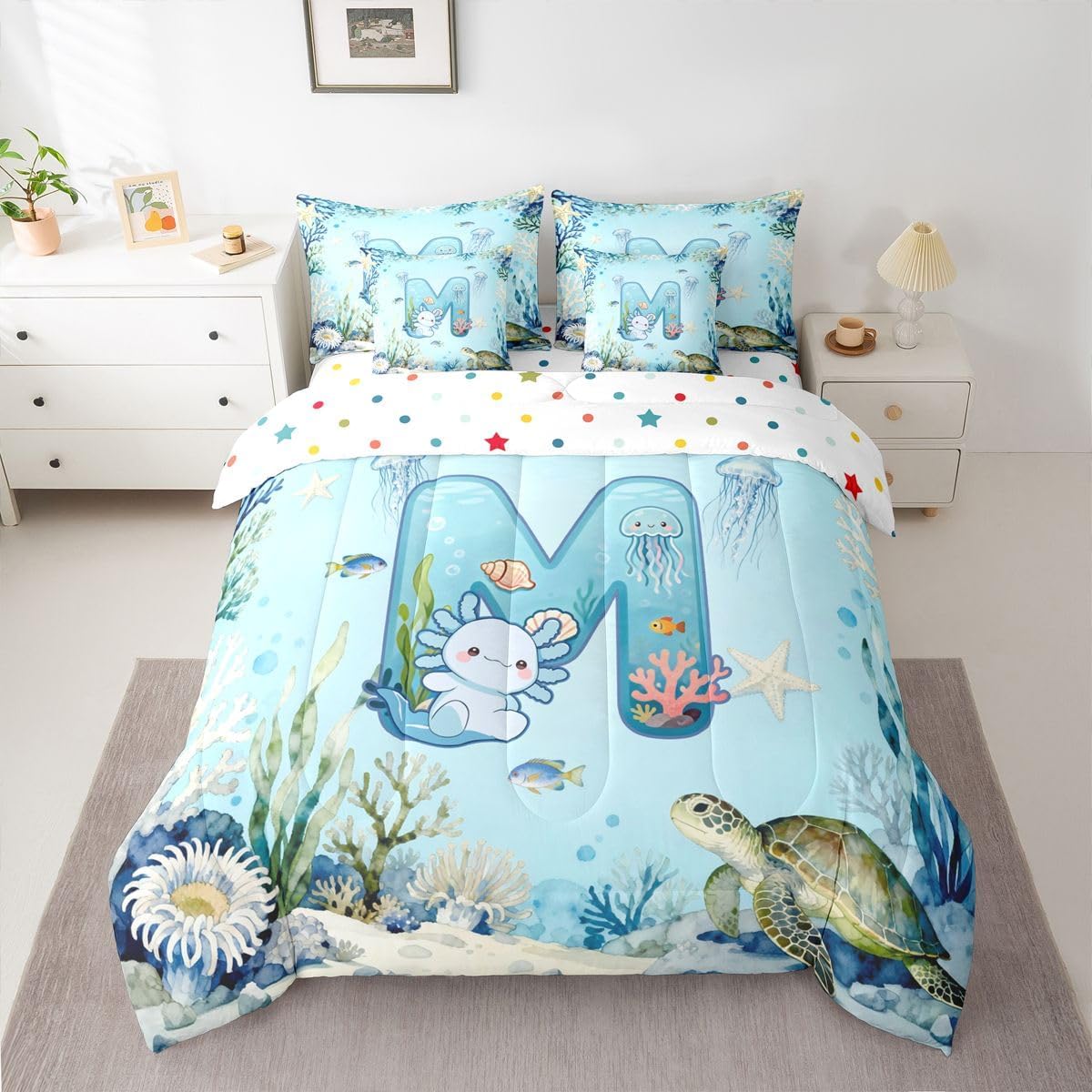 Erosebridal Blue Axolotl Queen Comforter Set 7 Piece Personalized Initial Letter M Bedding Set Cute Cartoon Ocean Animal Bed in A Bag for Kids Boys Girls,Alphabet Monogrammed Salamander Bed Set