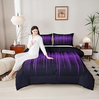 Geometric Abstract Stripes Kids Comforter Set Twin Size,Purple Gradient Lines Bedding Set,Boys Girls Adults Bedroom Decor,Modern Stylish Down Comforter,Black Simple Duvet Insert,2pcs,1 Pillowcase