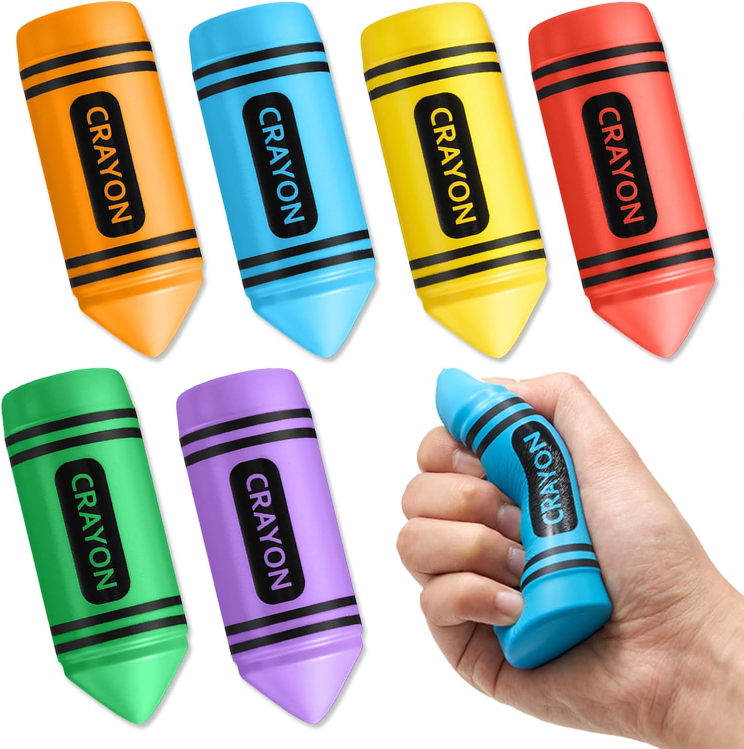 Wiwiqing 6 Pcs 3.94 Inches Crayon Stress Balls Toys Teacher Gift Kids Adult Classroom School Student Reward Graduation Party Favors Prizes Motivational Foam Stress Relief Slow Rising Hand Squeeze