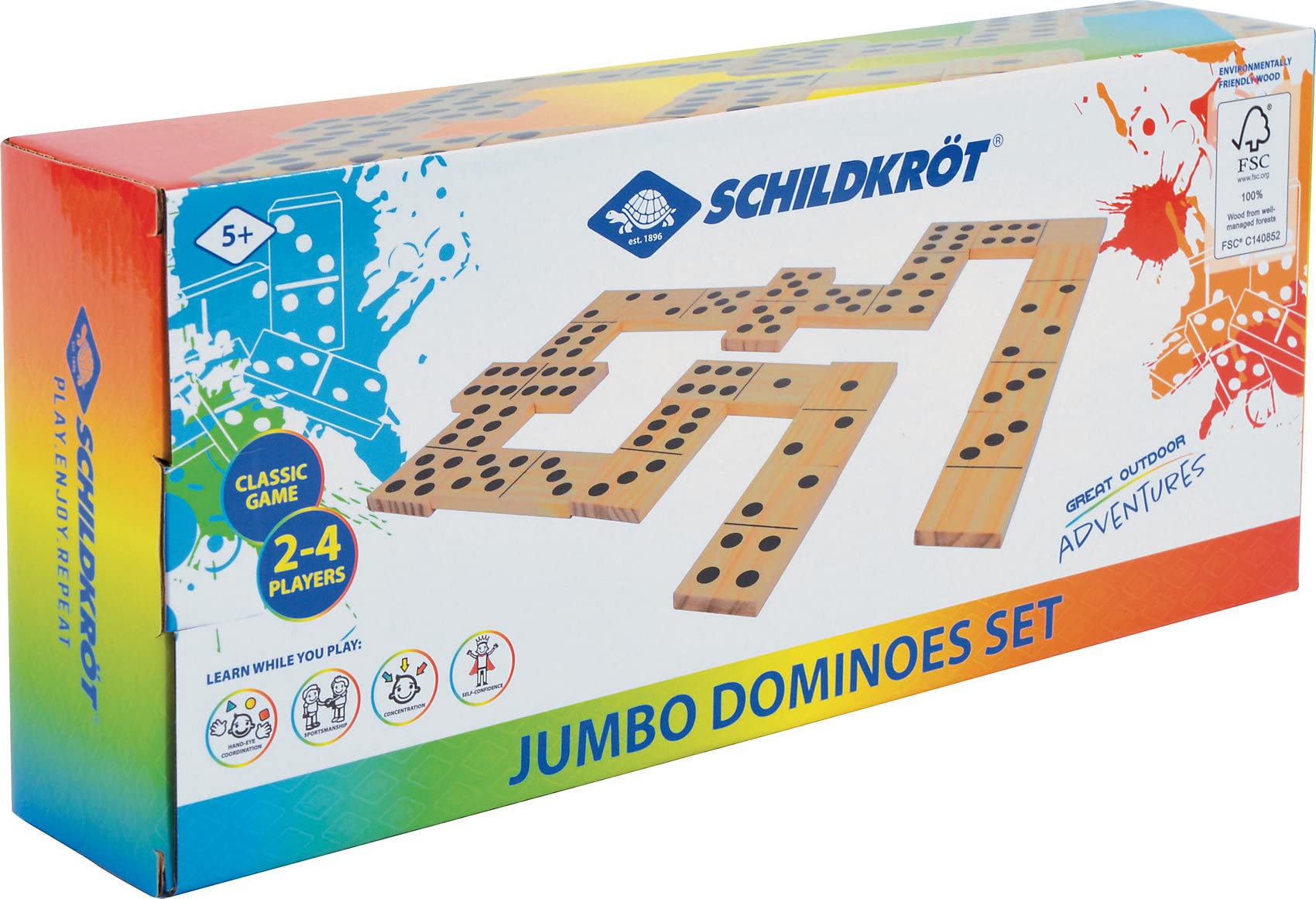 Schildkröt Jumbo Domino, 28 Piezas de Dominó de Gran Formato, 13x6 x1cm Madera FSC, Juego Niños y Adultos, Almacenamiento Práctico en una Bolsa de Malla con Cordón, 970314