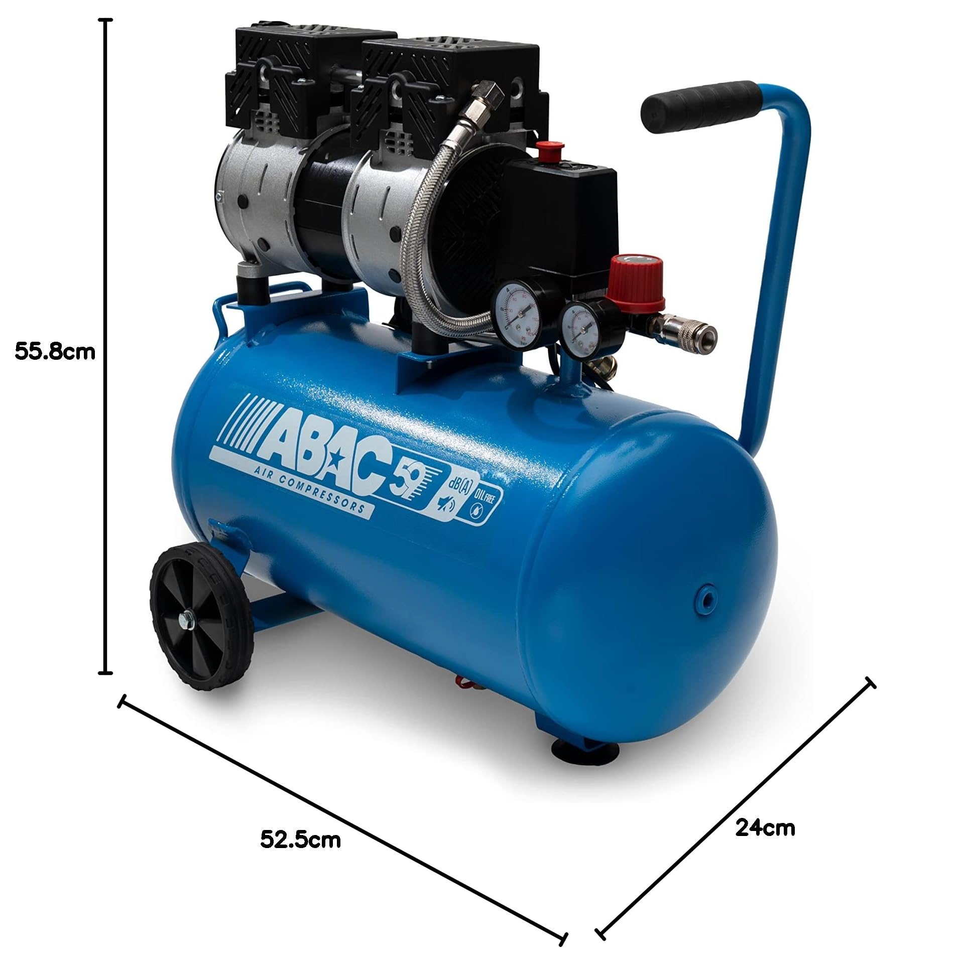 ABAC Compresseur d'Air Silencieux EASE-AIR 24, Compresseur d'Air sans Huile, Pression Maximale 8 Bar, Puissance 1 ch, Réservoir 24 litres, Niveau Sonore 59 dB