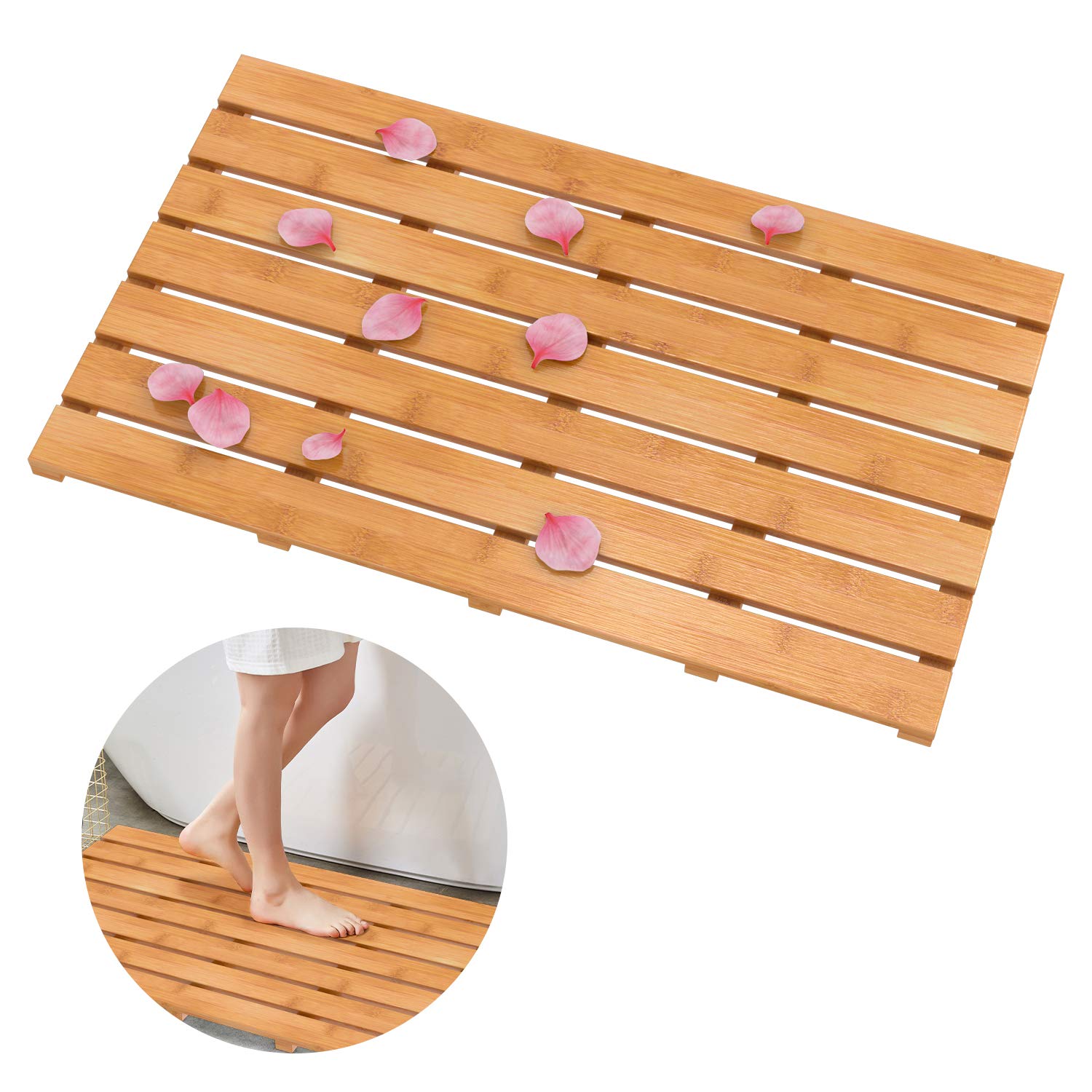 DomaxWooden Bamboo Bath Shower Mat- Non-Slip Waterproof Large Bathroom Floor Mat for Indoor Outdoor (Natural, 31.3 x 18.1 x 1.5 Inches)