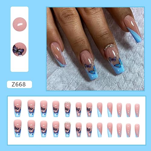 Miniatura 54 de Uñas postizas largas cuadradas a presión, color morado, color liso, diseño de diamantes de imitación, uñas postizas brillantes de cobertura completa